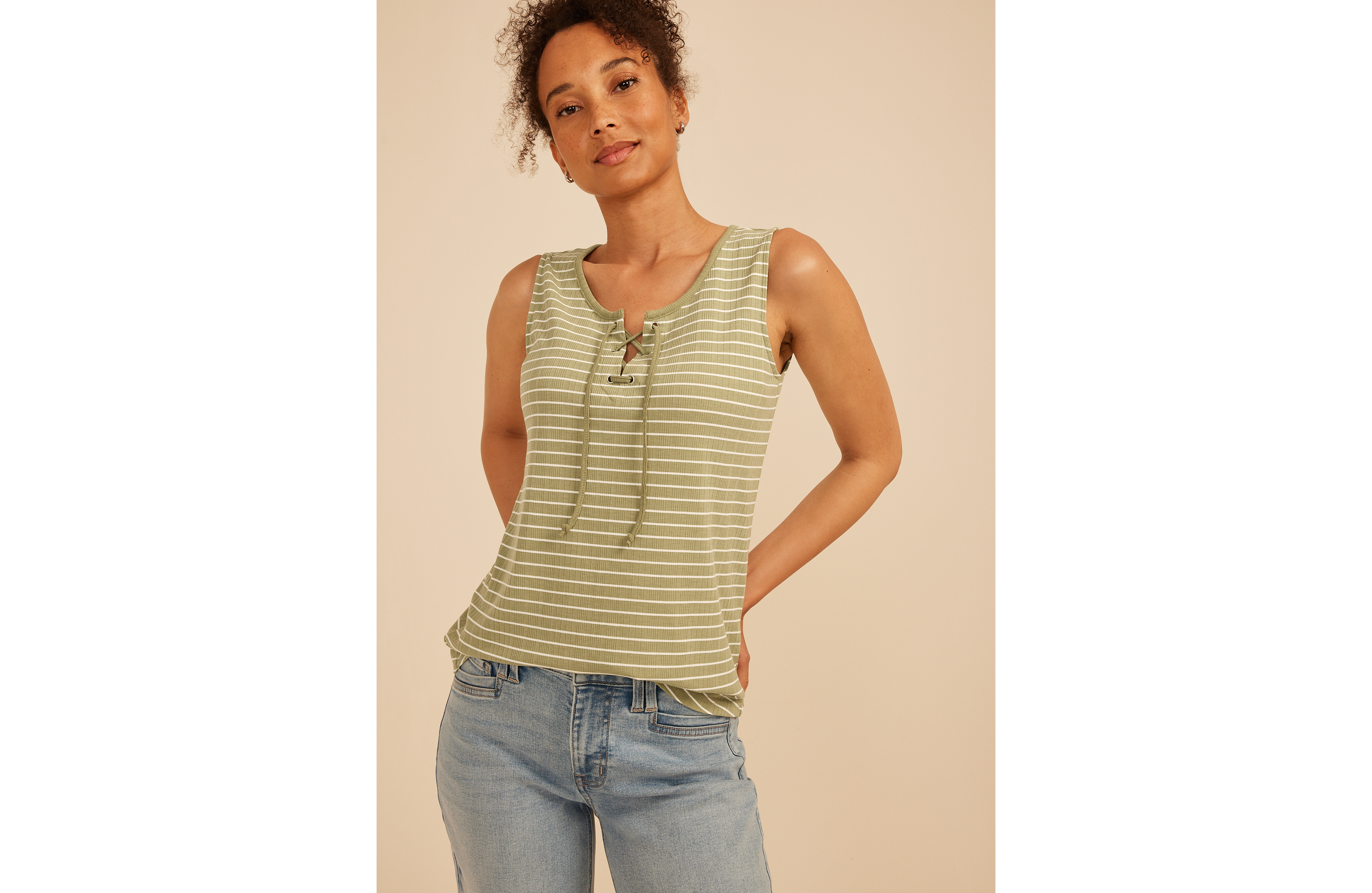 Striped Variegated Lace Up Tank Top