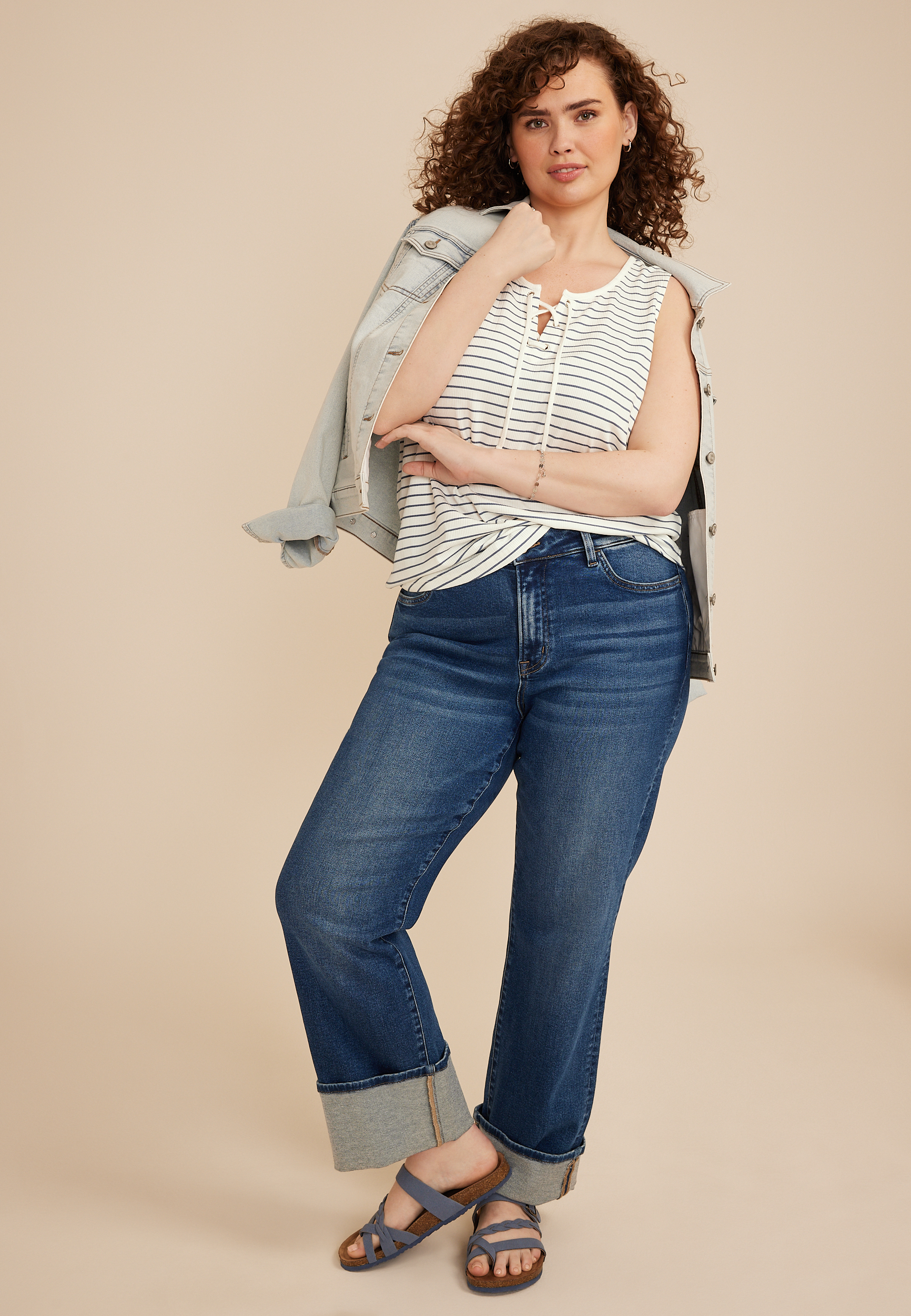 Plus Size Striped Variegated Lace Up Tank Top, C1939, large