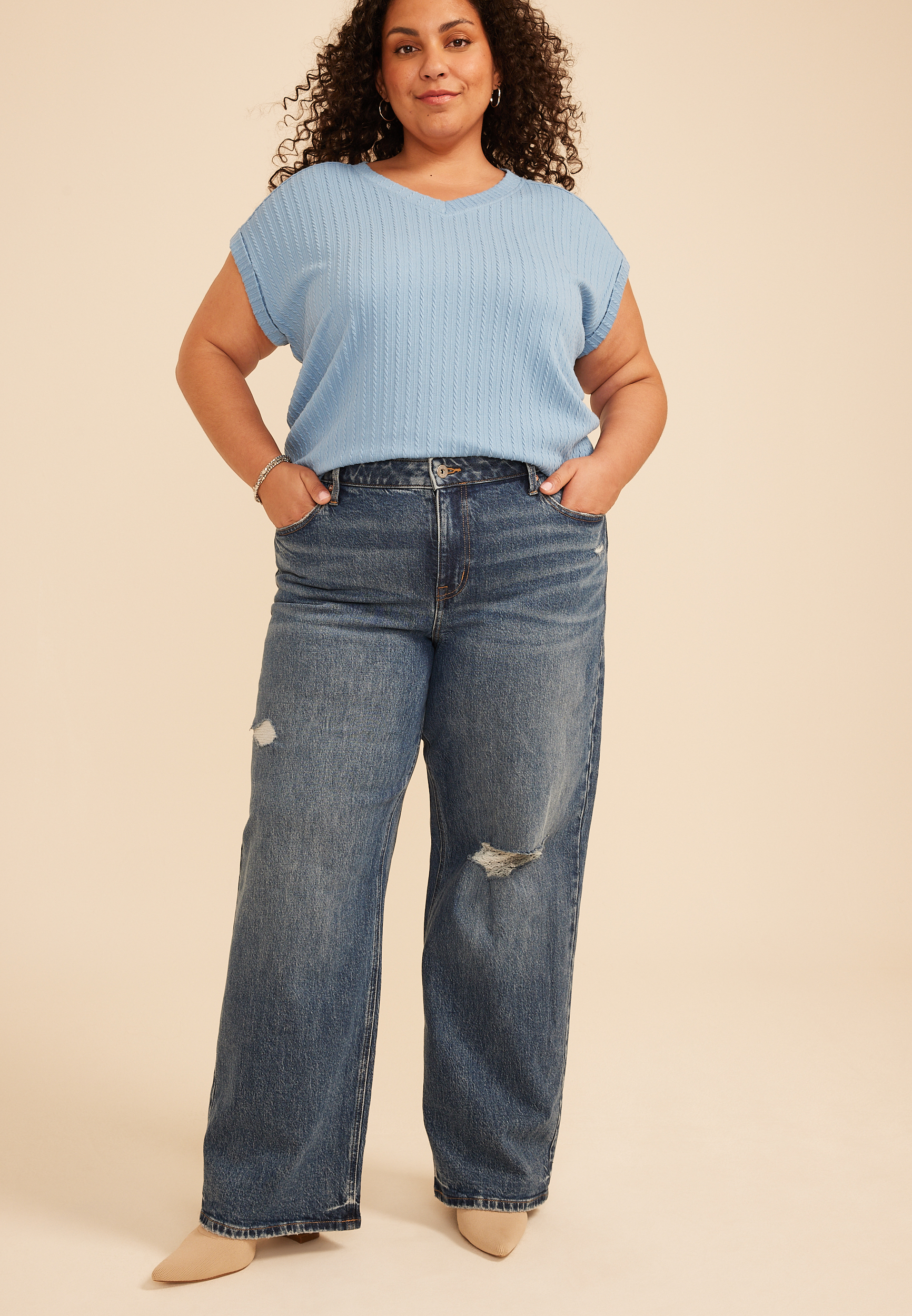 Plus Size edgely&trade; High Rise Open Ripped Adjustable Waist Wide Leg Jean