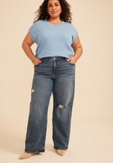 Plus Size edgely&trade; High Rise Open Ripped Adjustable Waist Wide Leg Jean, C3337, small
