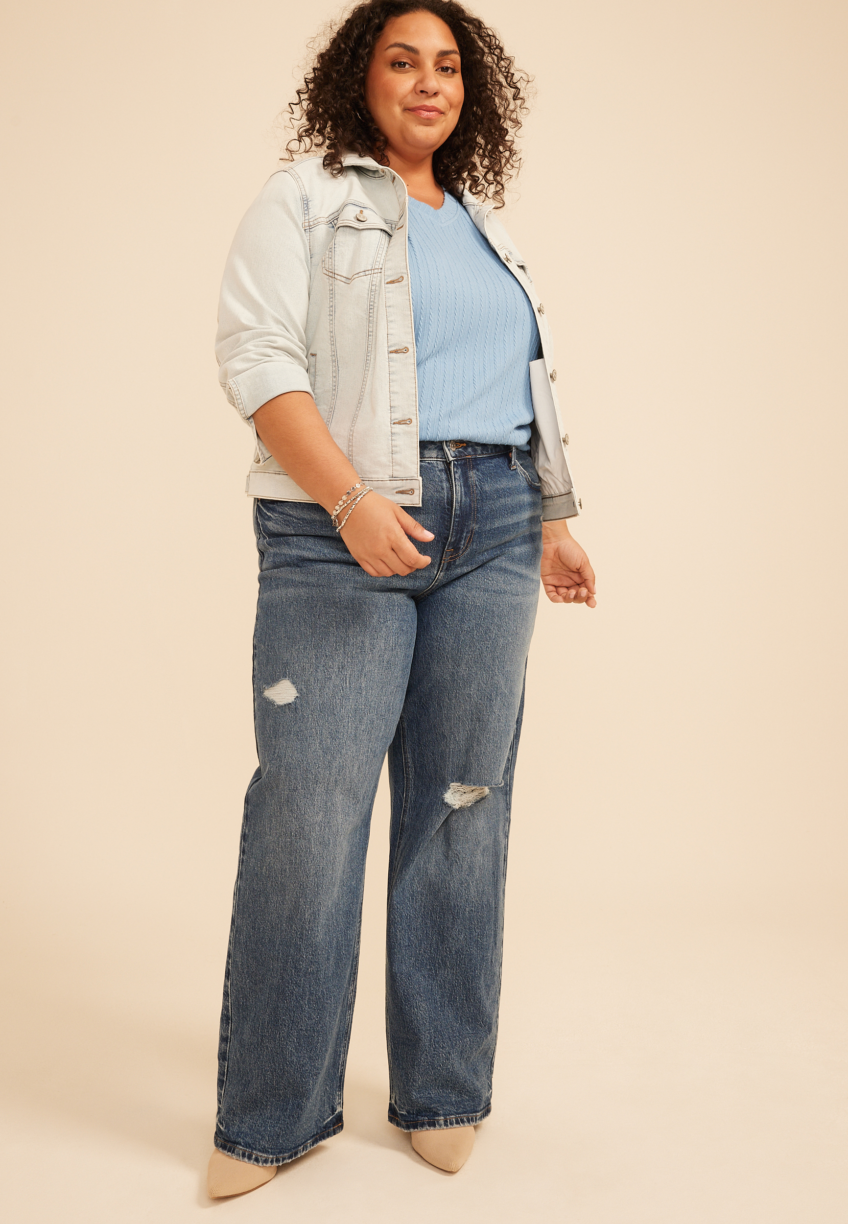 Plus Size edgely&trade; High Rise Open Ripped Adjustable Waist Wide Leg Jean, C3337, large