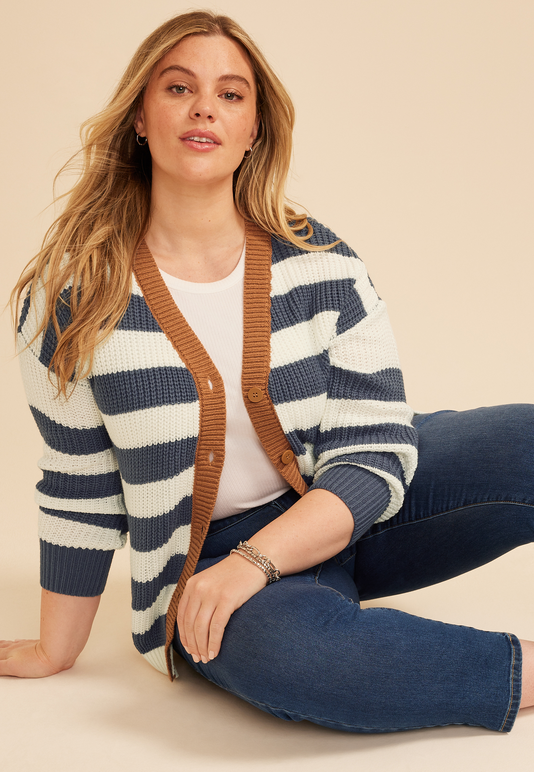 Plus Size Block Stripe Boyfriend Cardigan
