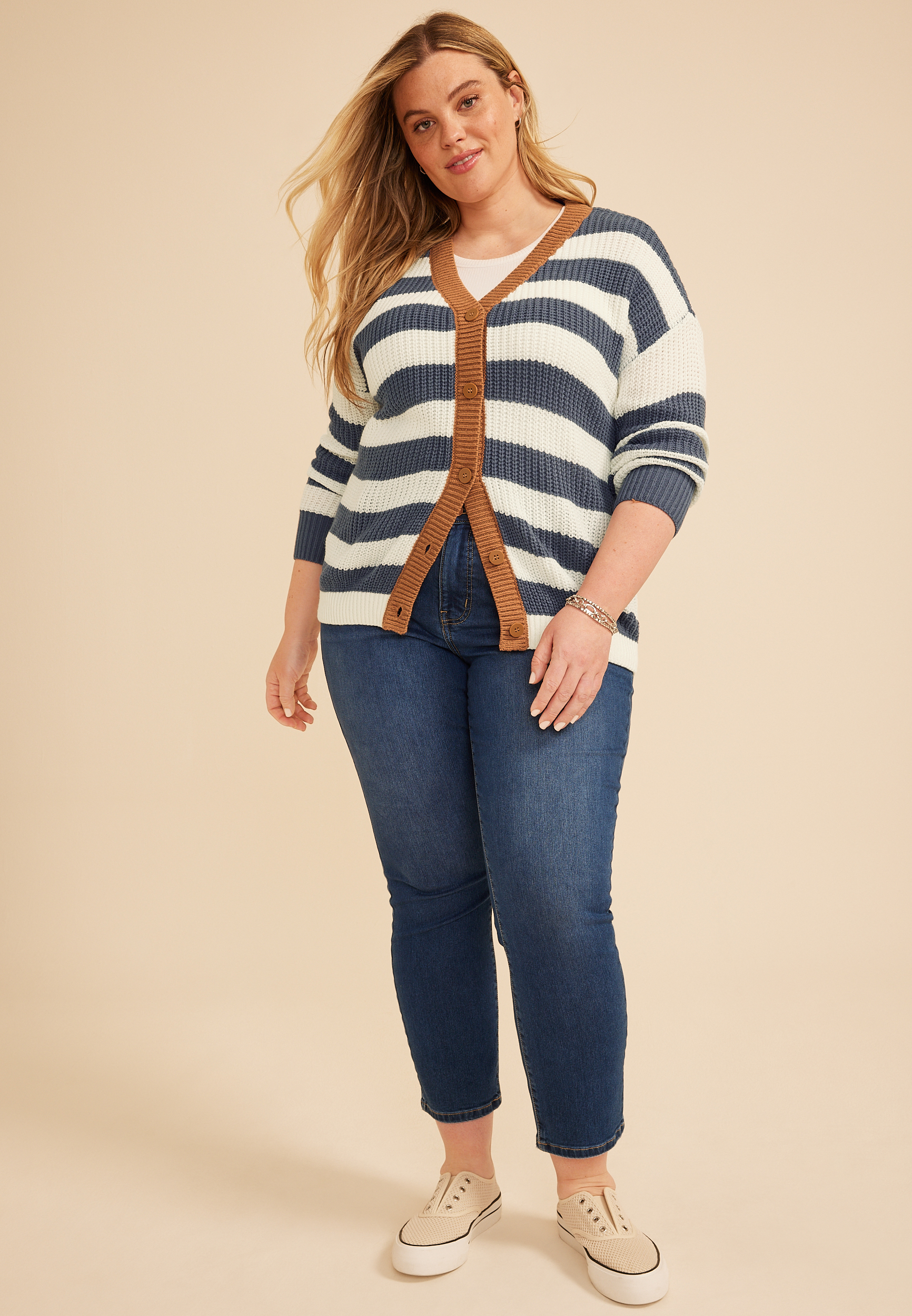 Plus Size Block Stripe Boyfriend Cardigan, C2546, large
