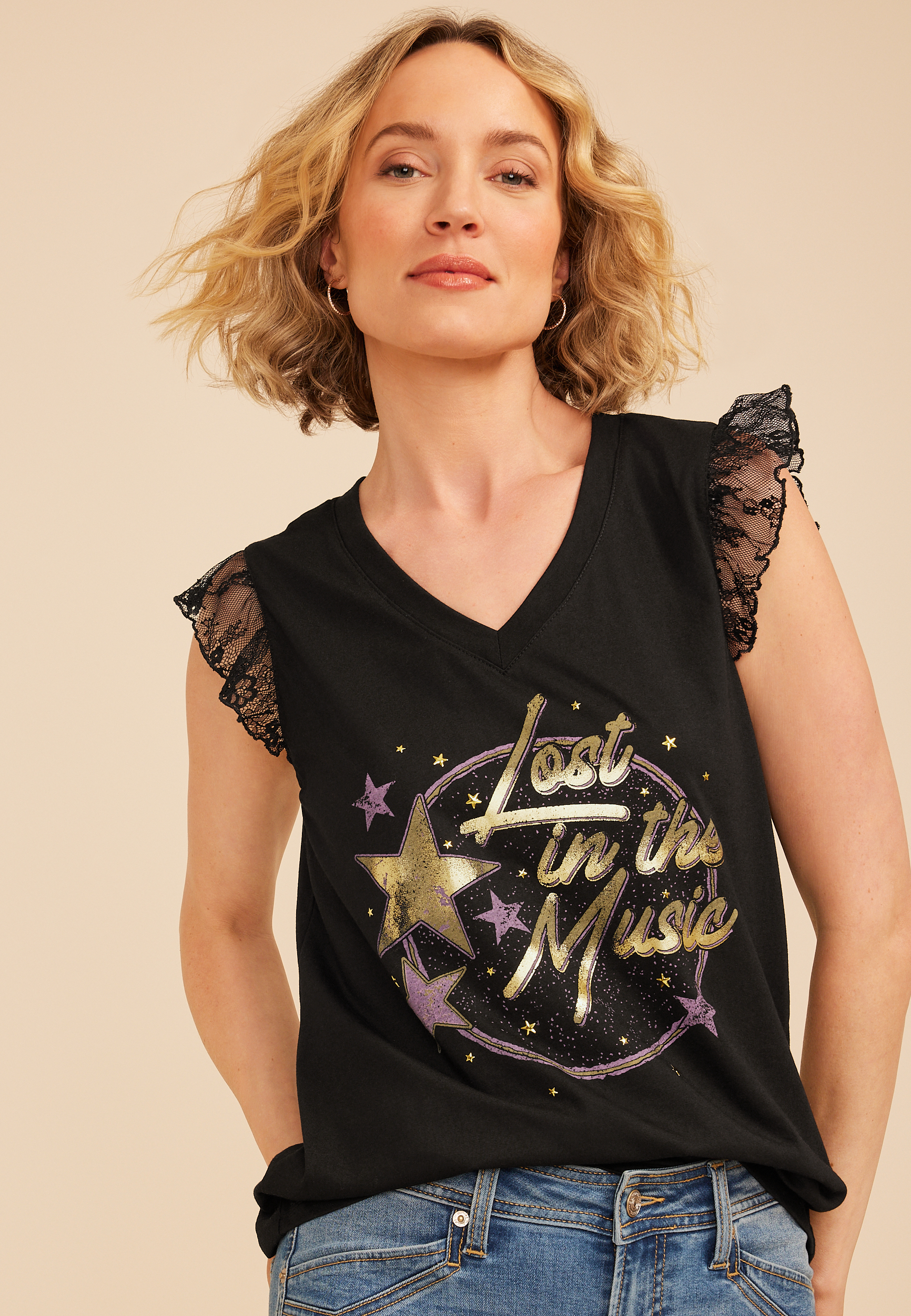 Lost In The Music Lace Trim Classic Fit Graphic Tee