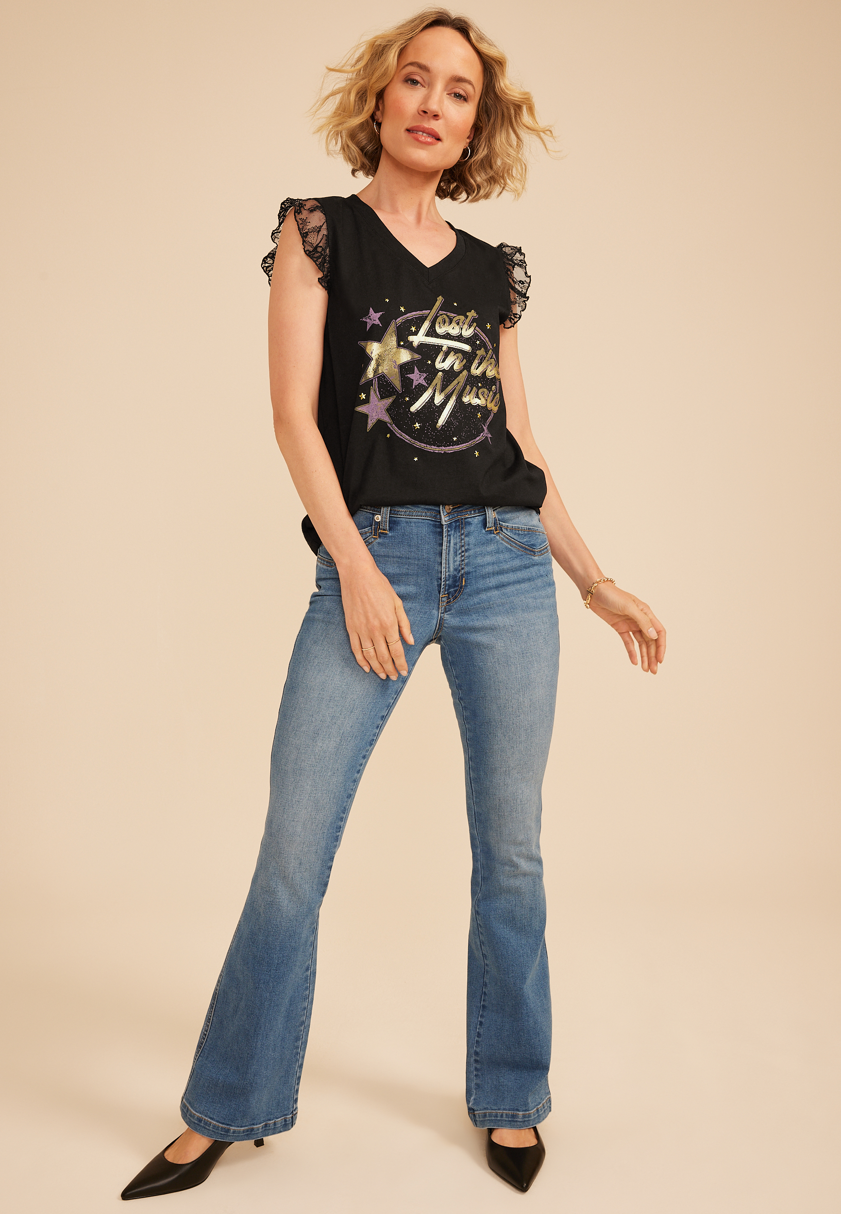 Lost In The Music Lace Trim Classic Fit Graphic Tee, C106, large