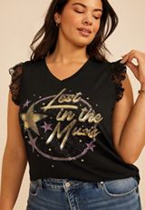 Plus Size Lost In The Music Lace Trim Classic Fit Graphic Tee, C106, small