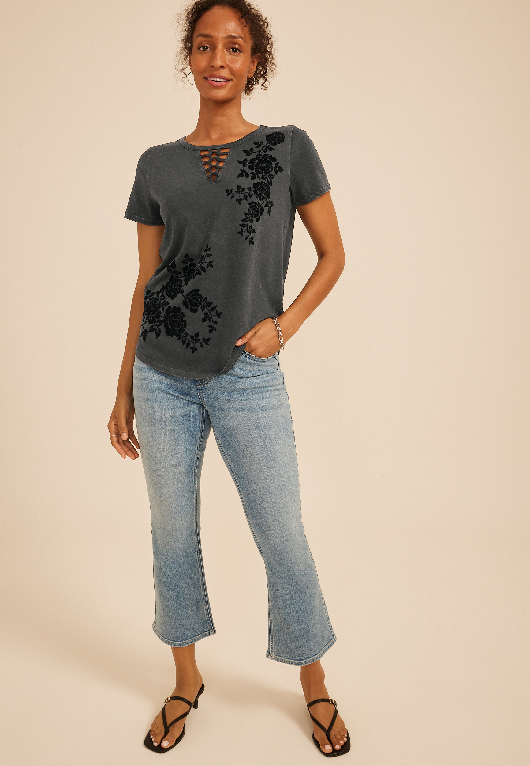 Black Floral Lattice Neck Classic Fit Graphic Tee