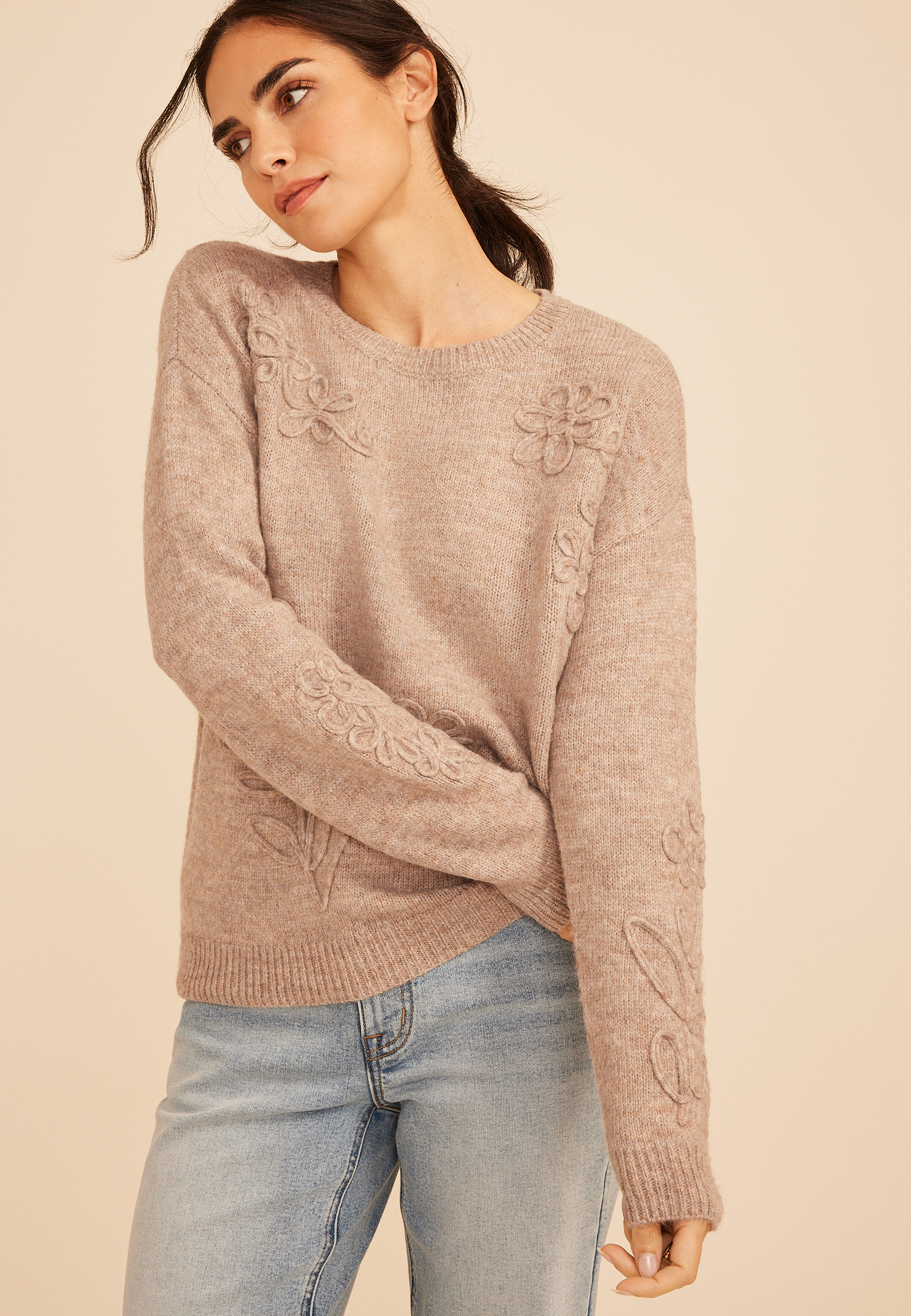 Floral Applique Crew Neck Sweater