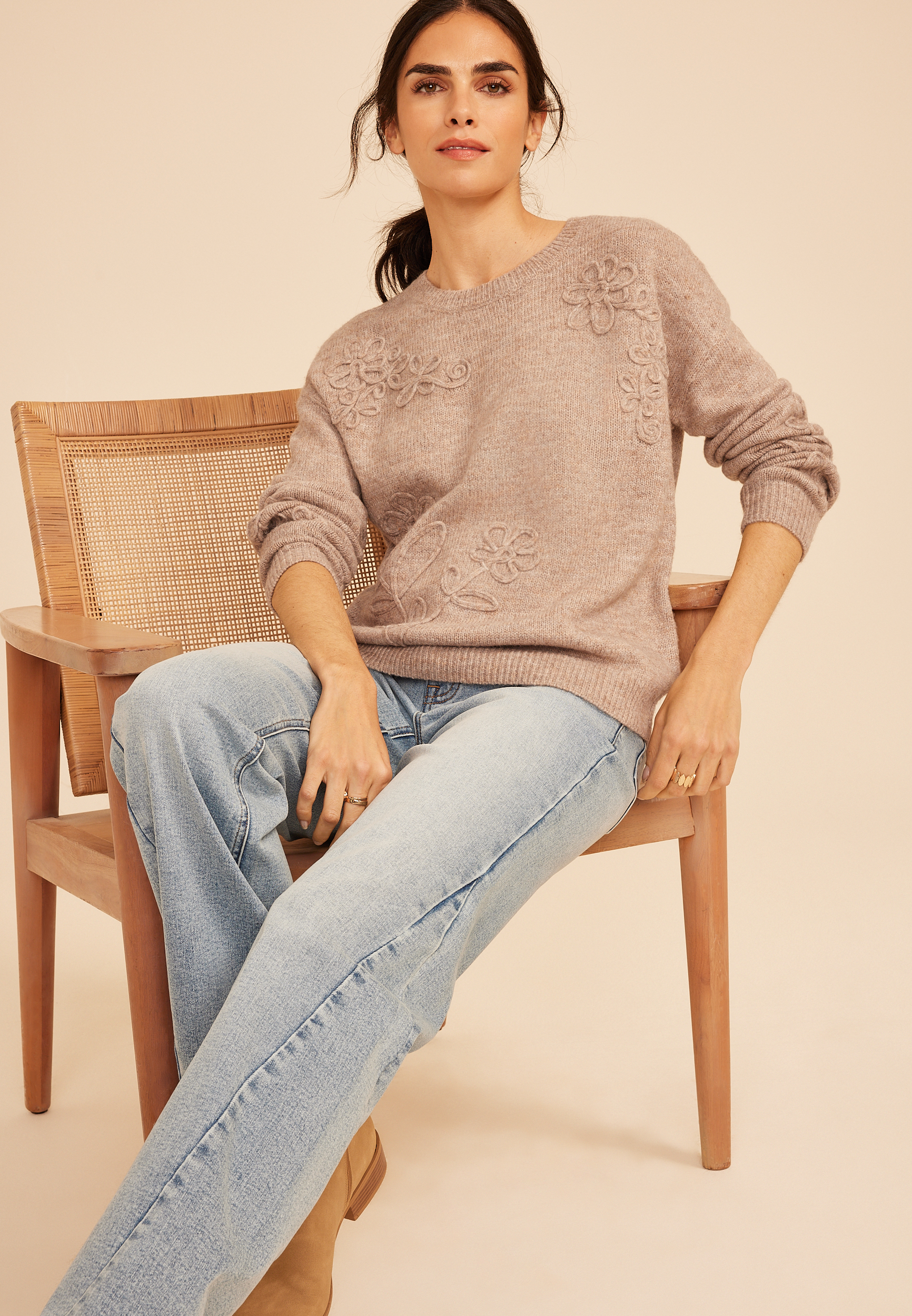 Floral Applique Crew Neck Sweater, C3448, large