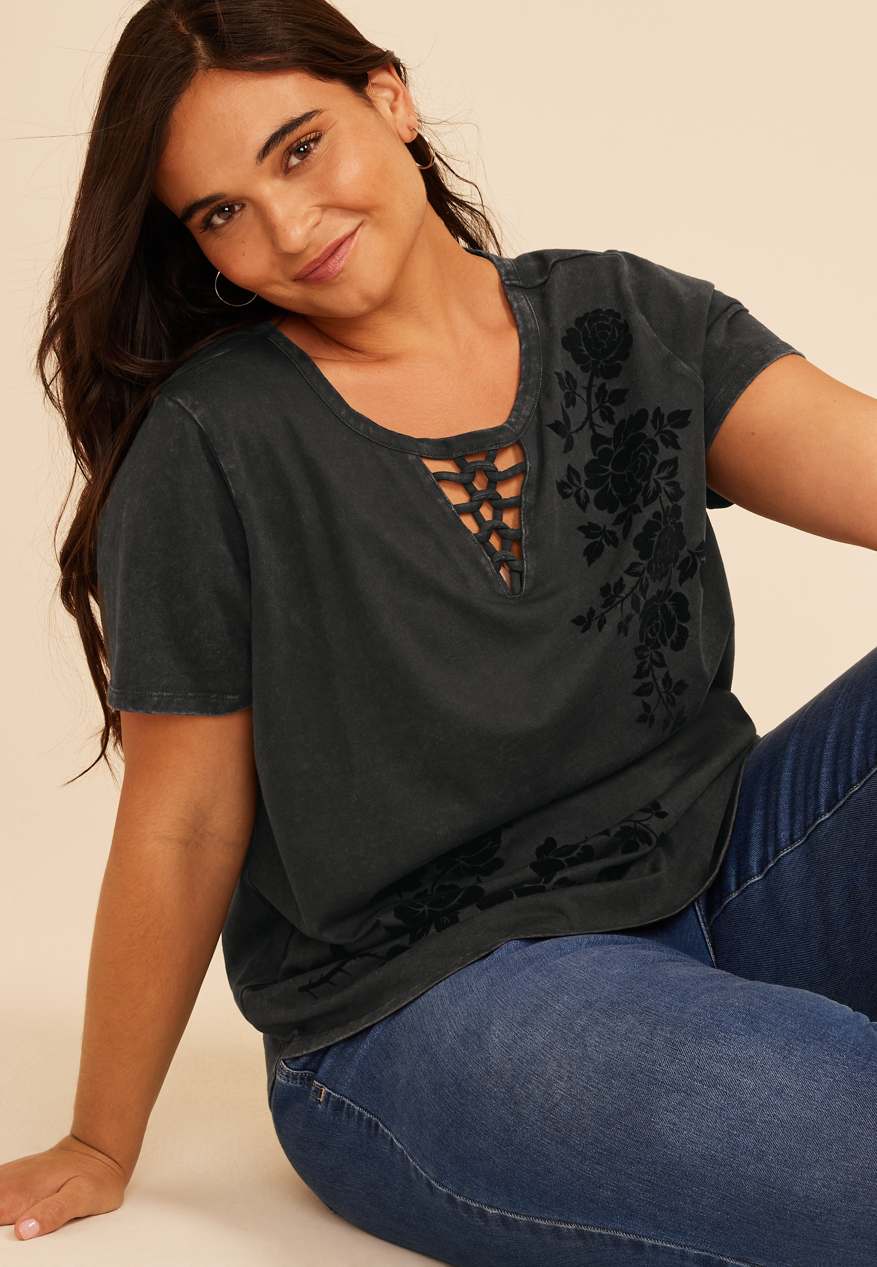 Plus Size Black Floral Lattice Neck Classic Fit Graphic Tee