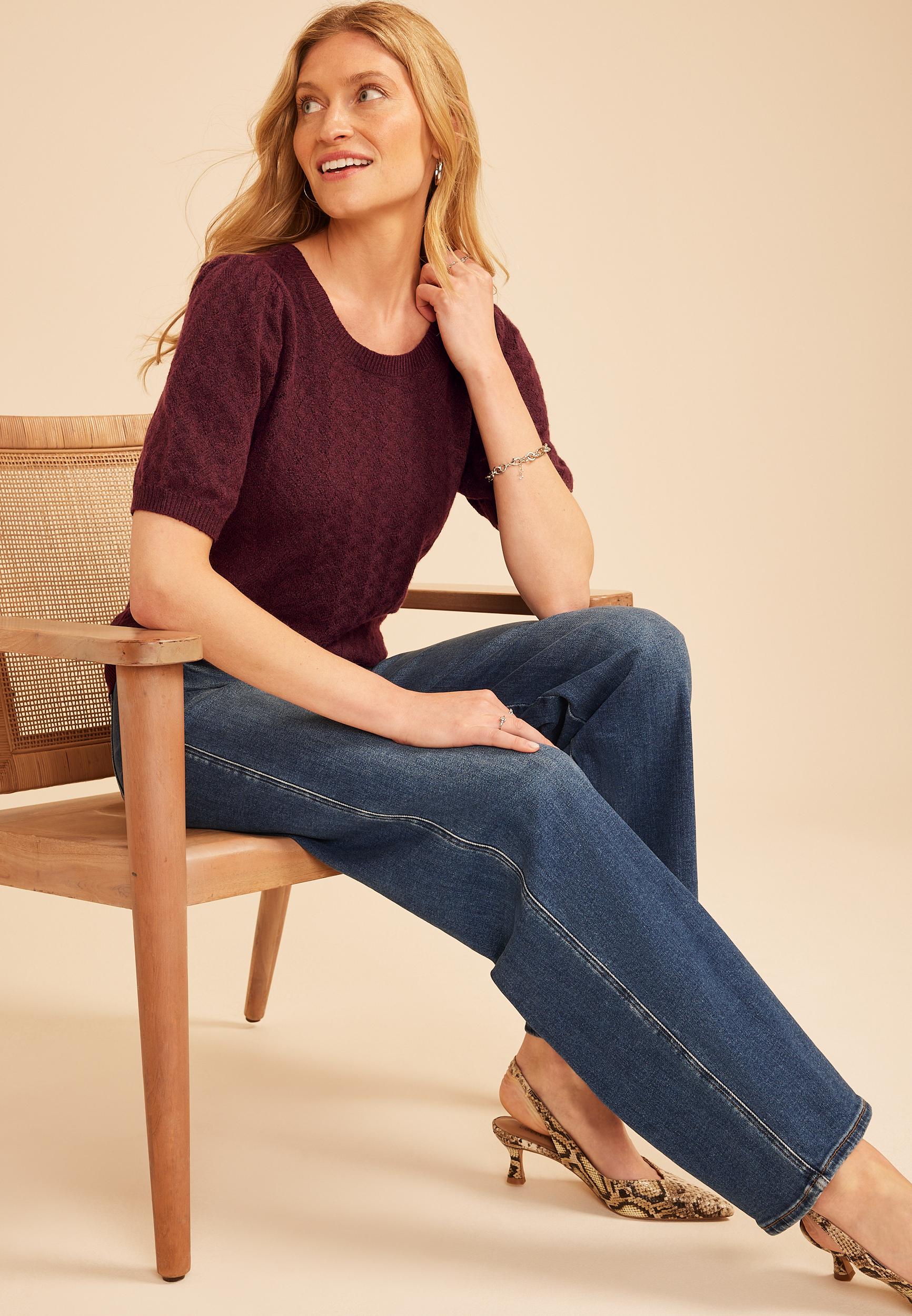 Pointelle Elbow Puff Sleeve Sweater