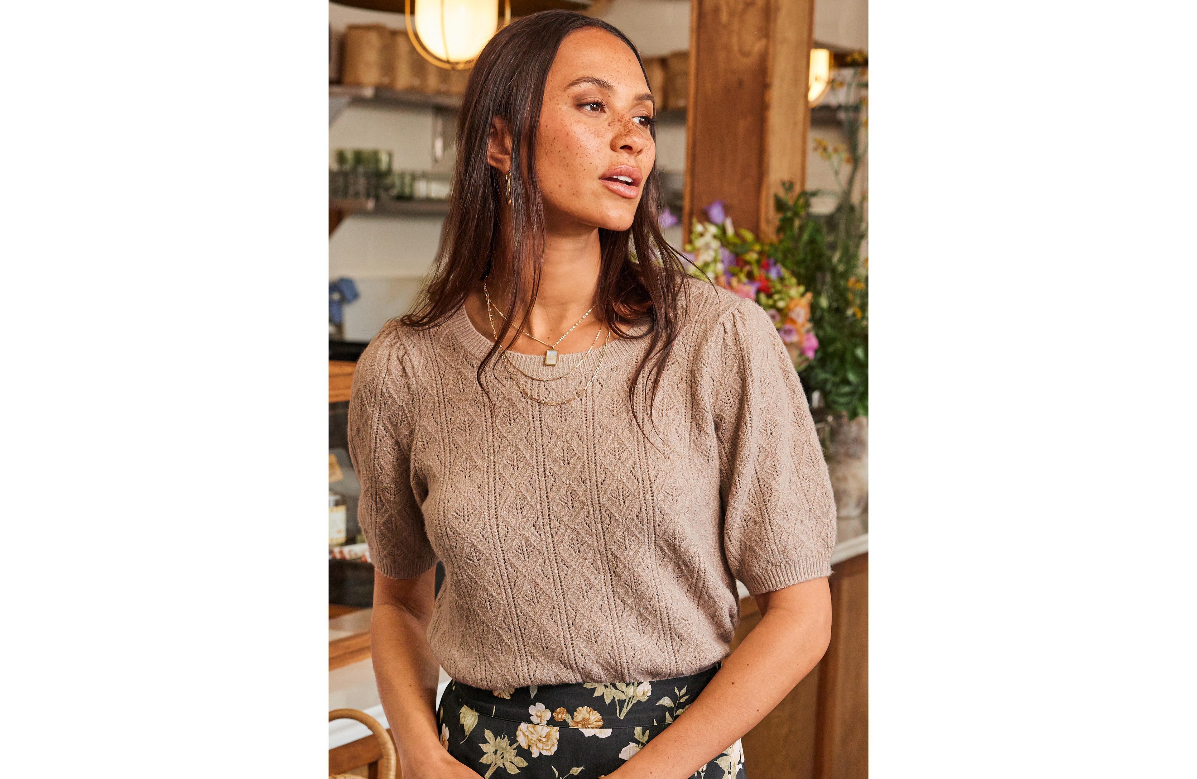 Pointelle Elbow Puff Sleeve Sweater