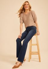 Pointelle Elbow Puff Sleeve Sweater, C977, small