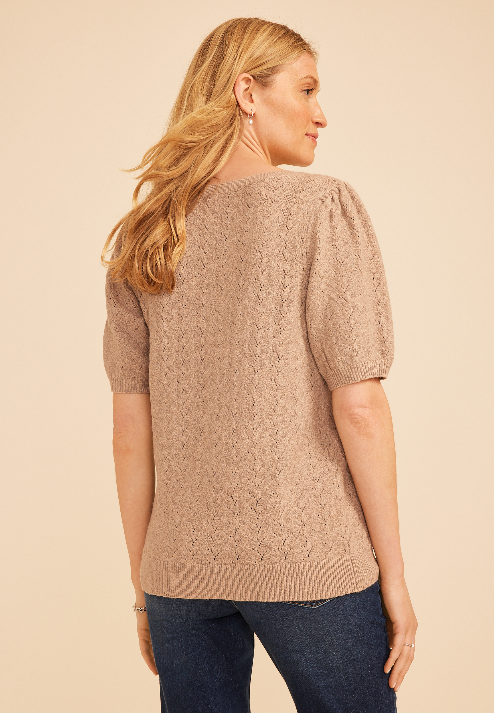 Pointelle Elbow Puff Sleeve Sweater, C977, large