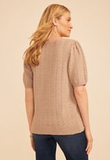 Pointelle Elbow Puff Sleeve Sweater, C977, small