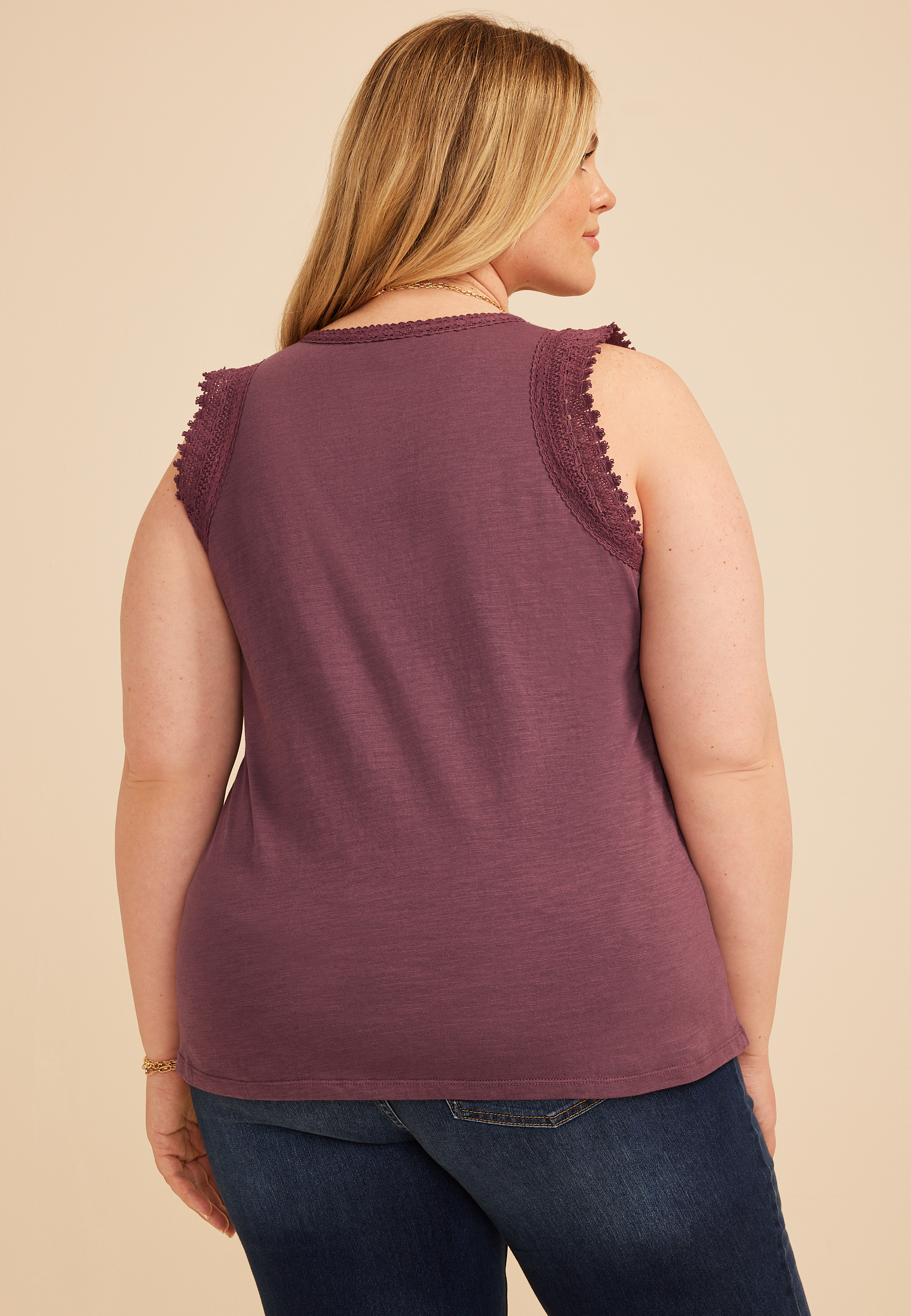 Plus Size Lace Trim V Neck Tank Top, C8758, large