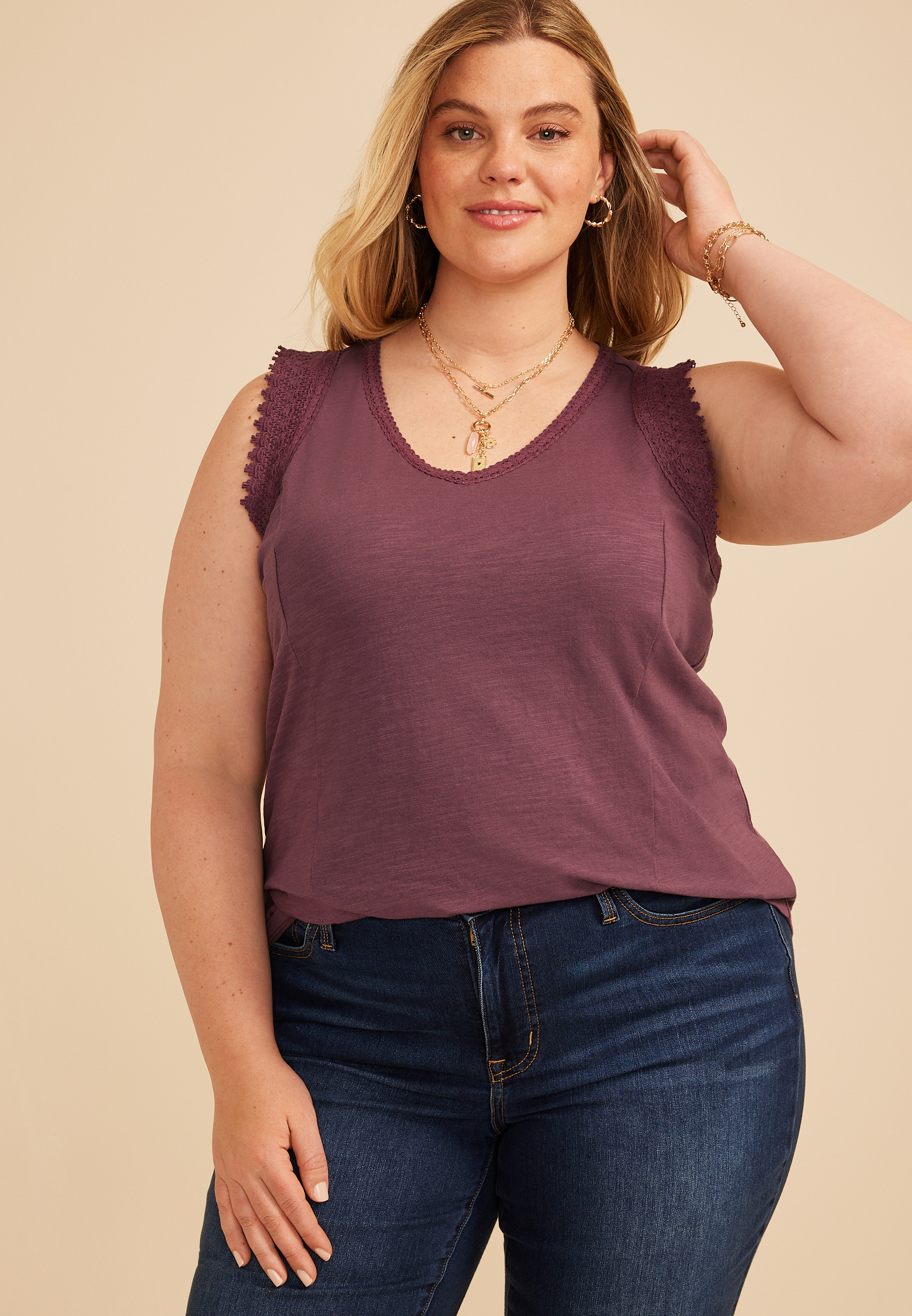 Plus Size Lace Trim V Neck Tank Top, C8758, large