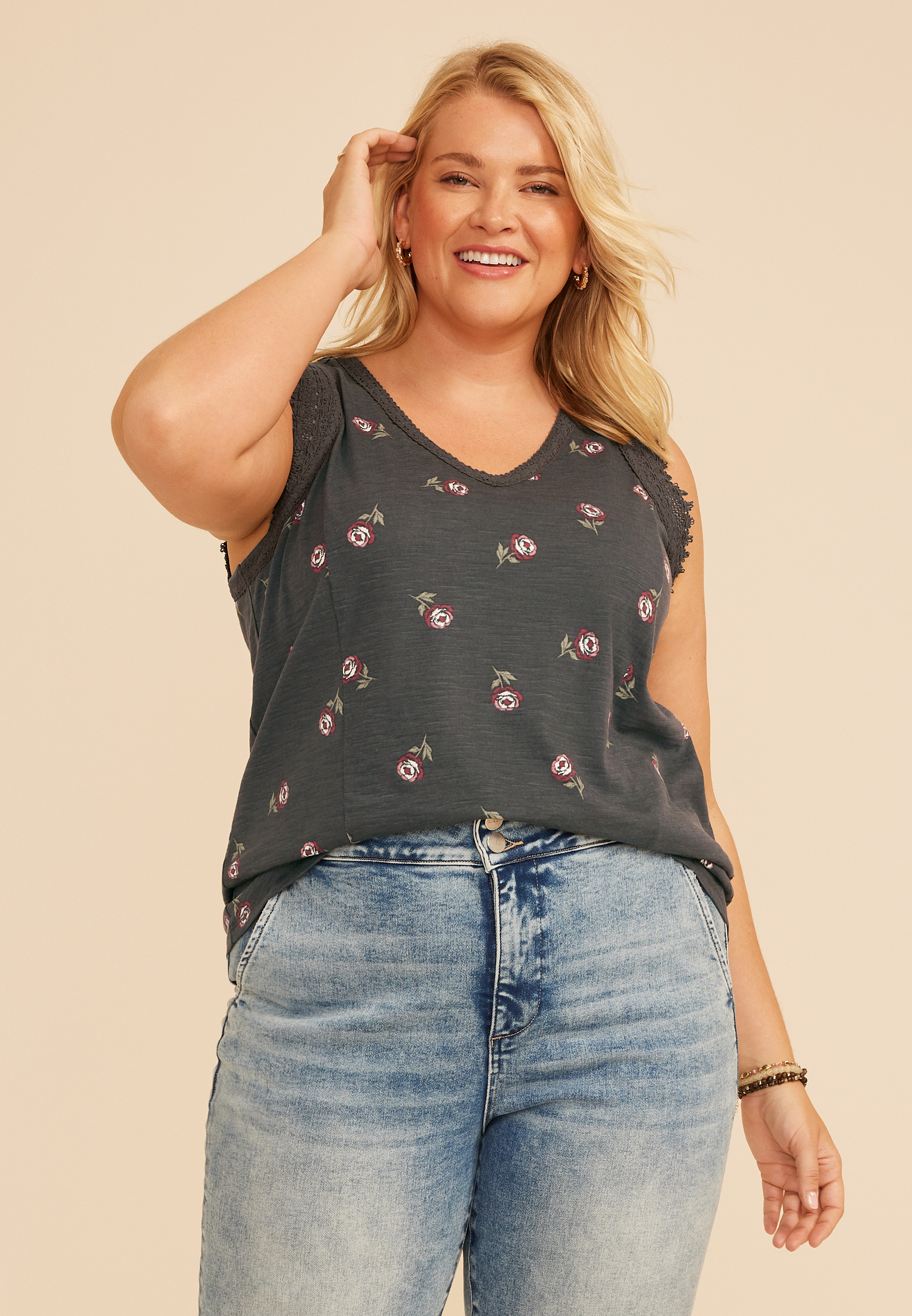 Plus Size Floral Lace Trim V Neck Tank Top, C2722, large