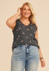 Plus Size Floral Lace Trim V Neck Tank Top, C2722, small