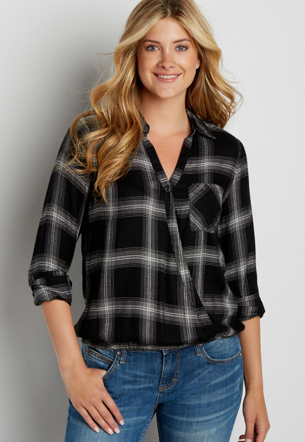 button down cropped plaid shirt with wrap front | maurices