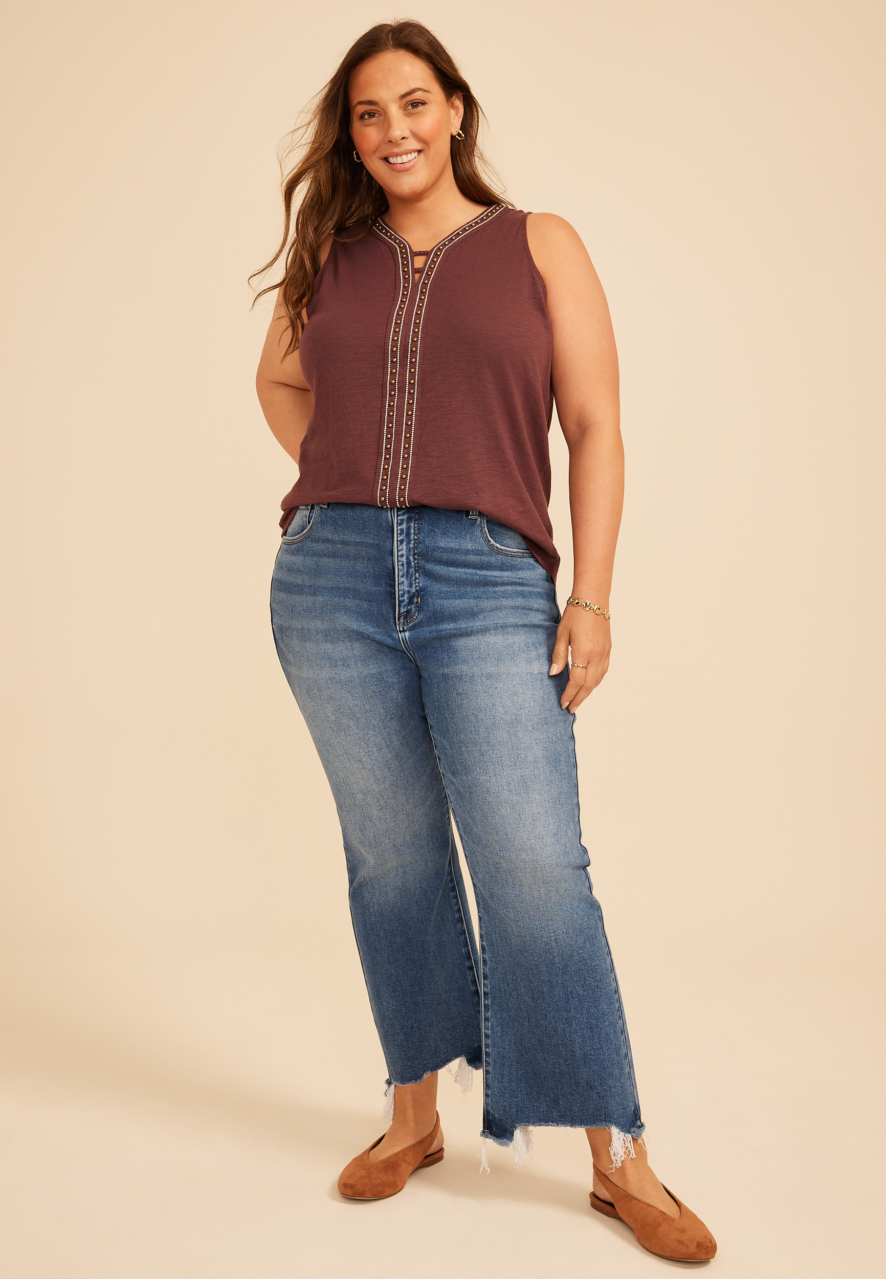 Plus Size Stud Trim V Neck Tank Top, C9902, large