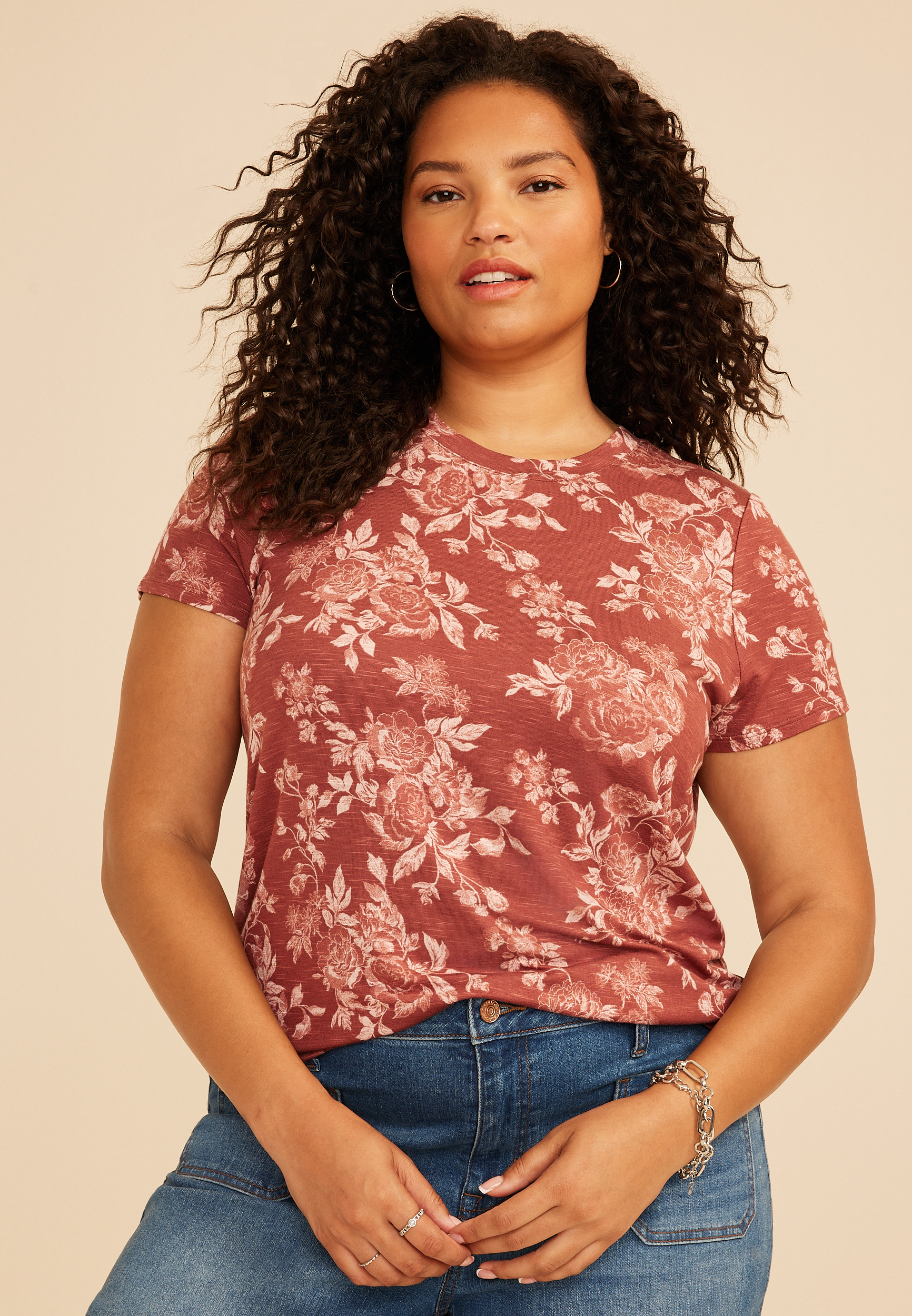 Plus Size 24/7 Kennedy Floral Crew Neck Tee, C5729, large