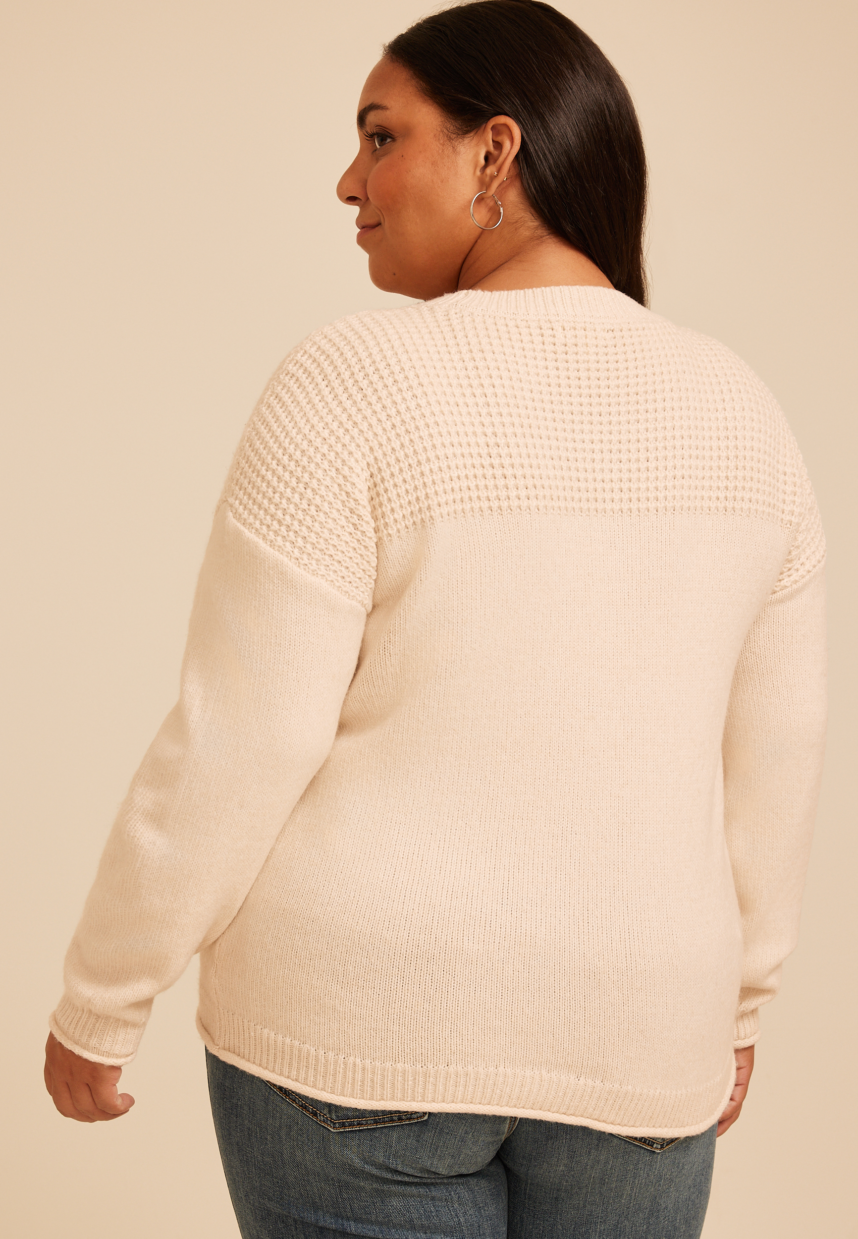 Plus Size Waffle Yoke Crew Neck Sweater, C999, large