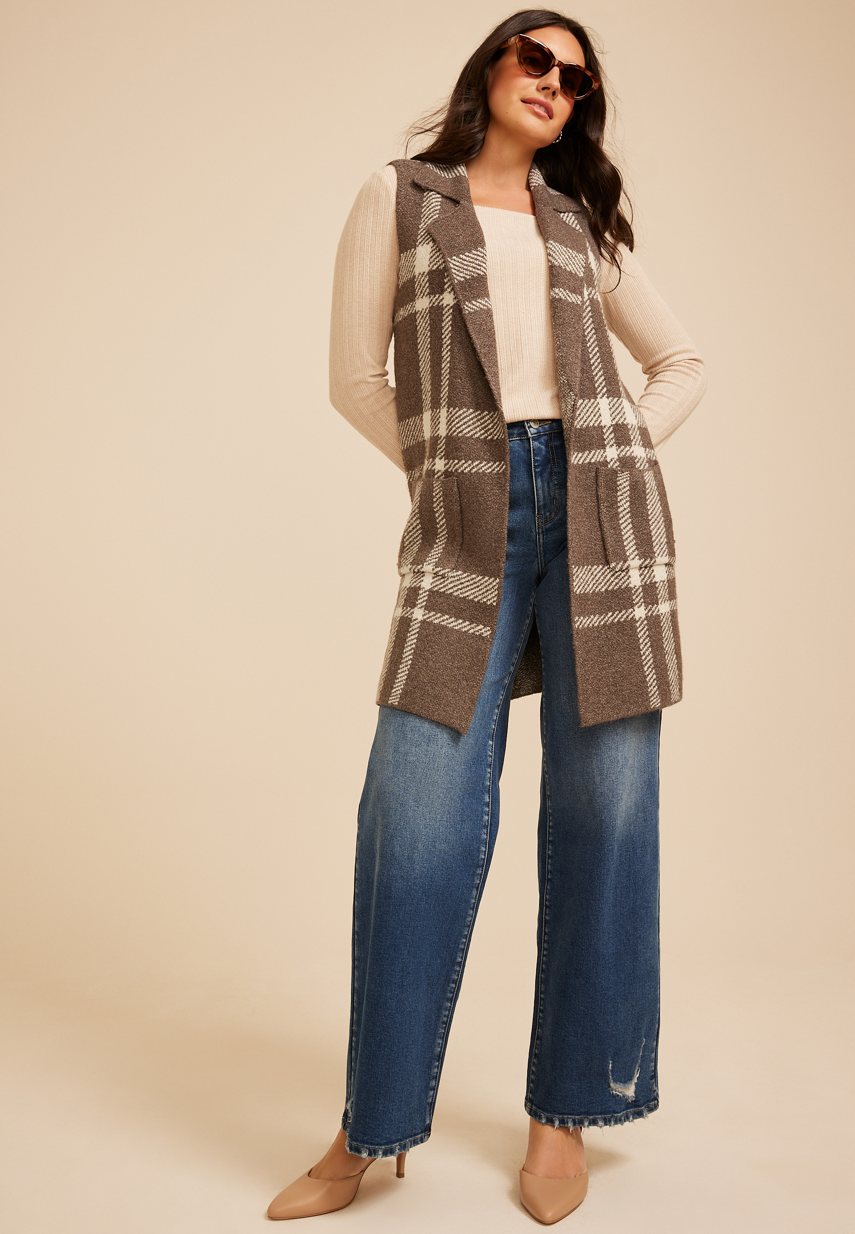 Plaid Duster Length Open Front Vest