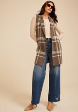 Plaid Duster Length Open Front Vest, C6021, small