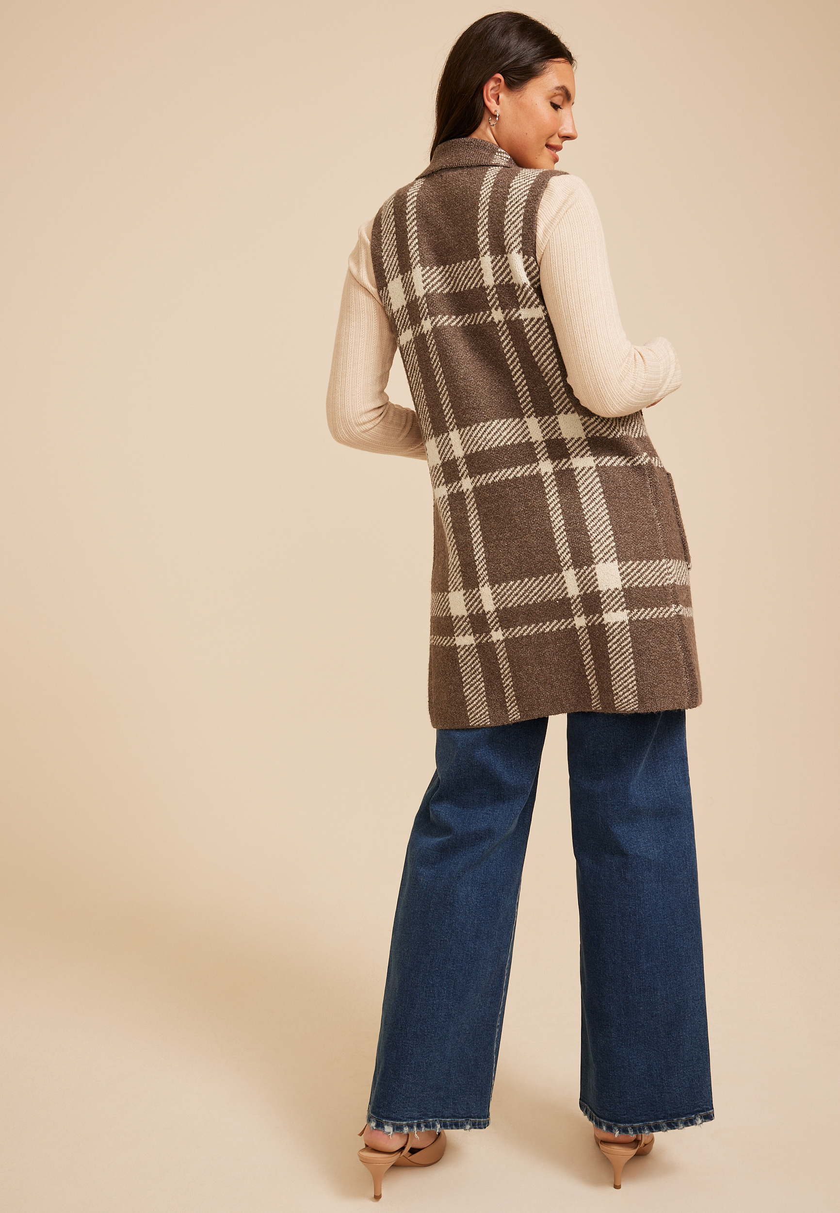 Plaid Duster Length Open Front Vest, C6021, large