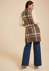 Plaid Duster Length Open Front Vest, C6021, small