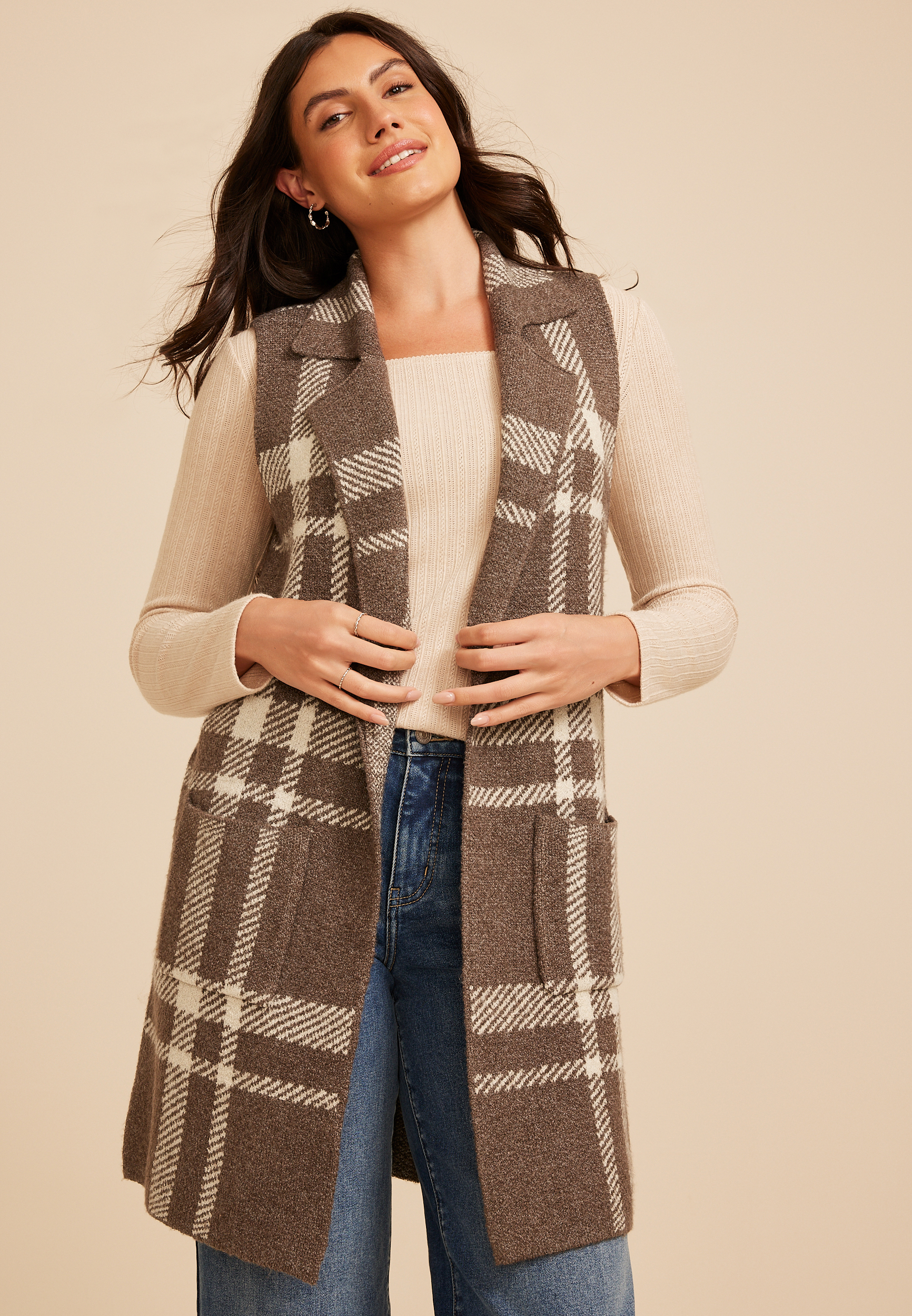 Plaid Duster Length Open Front Vest, C6021, large