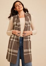 Plaid Duster Length Open Front Vest, C6021, small