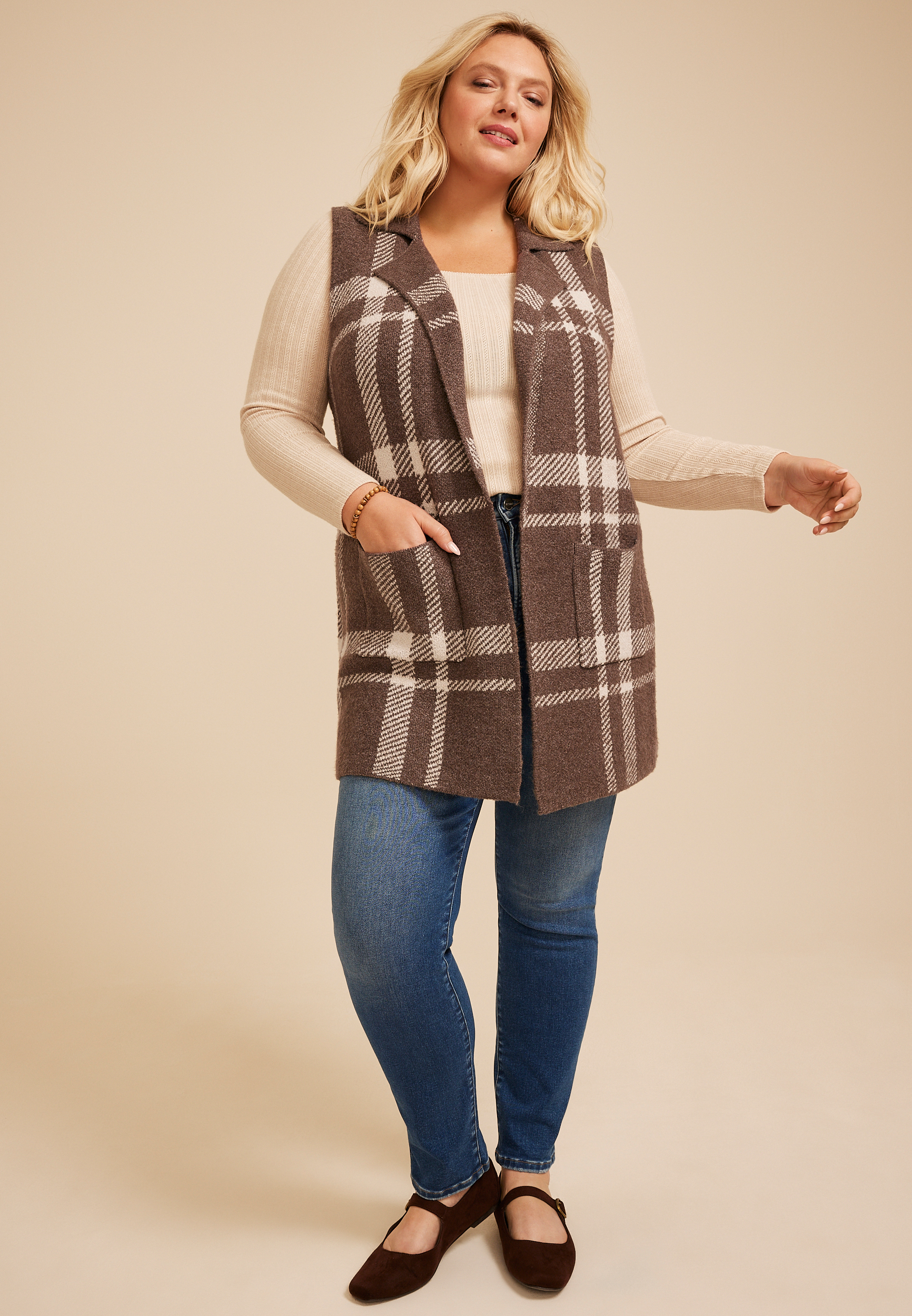 Plus Size Plaid Duster Length Open Front Vest