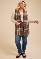 Plus Size Plaid Duster Length Open Front Vest, C6021, small