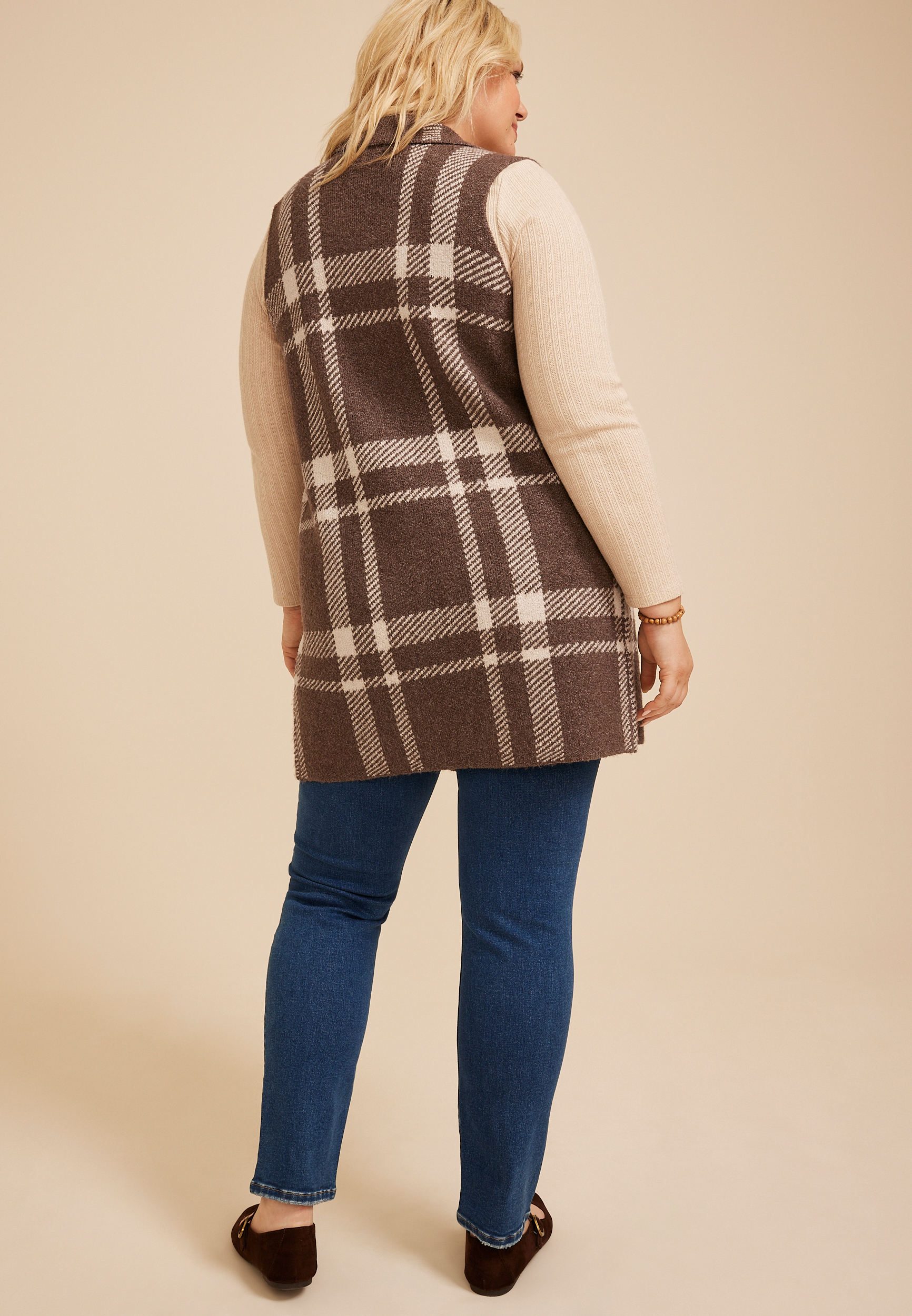 Plus Size Plaid Duster Length Open Front Vest, C6021, large