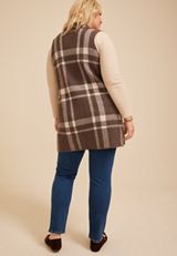 Plus Size Plaid Duster Length Open Front Vest, C6021, small