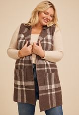 Plus Size Plaid Duster Length Open Front Vest, C6021, small