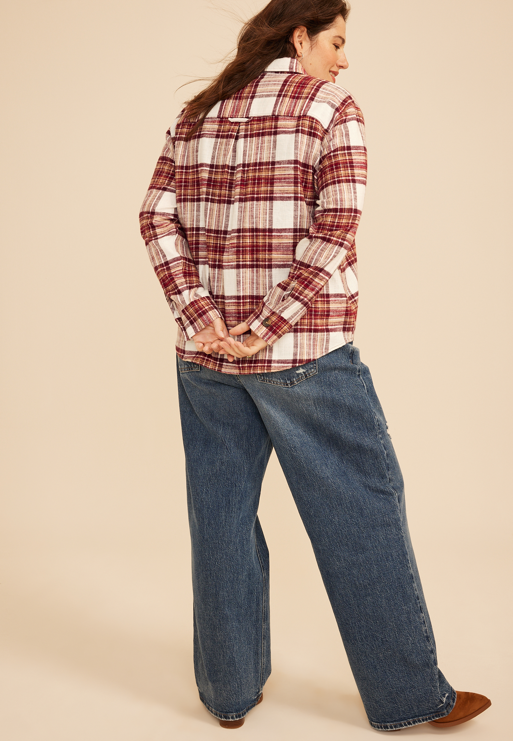 Plus Size Plaid Utility Button Down Shirt, C5032, large