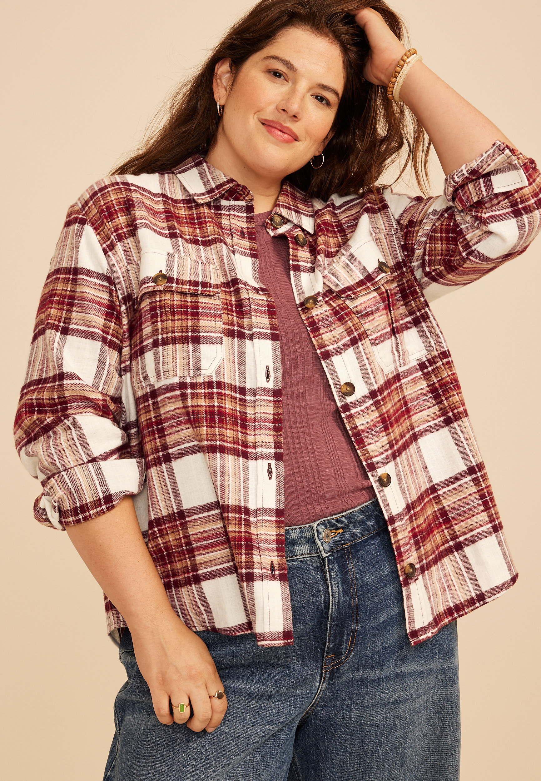 Plus Size Plaid Utility Button Down Shirt, C5032, large