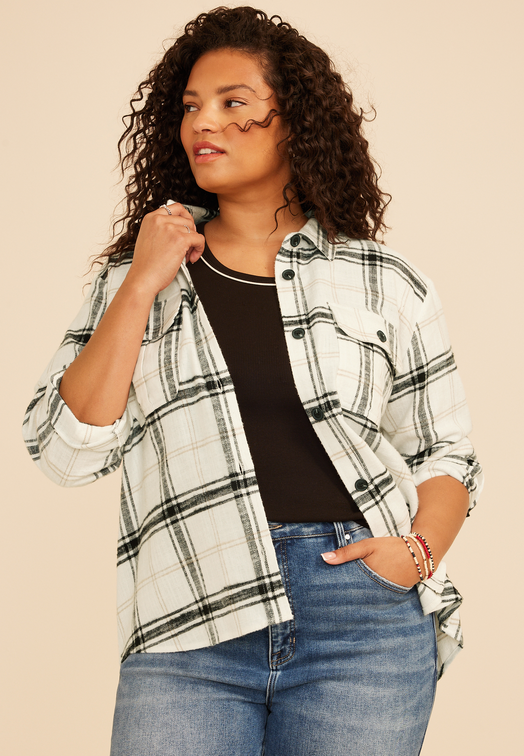 Plus Size Plaid Utility Button Down Shirt, C2380, large