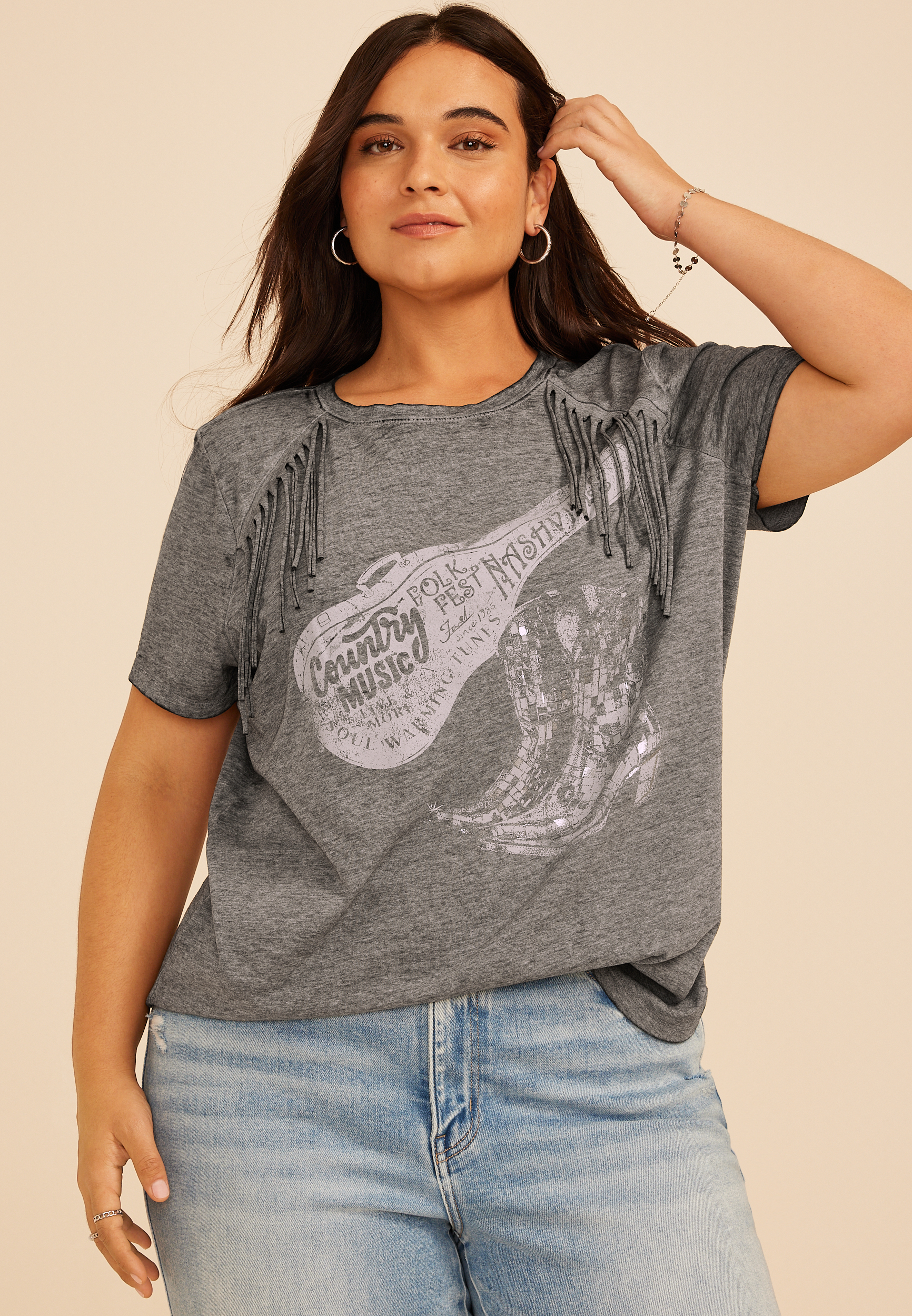 Plus Size Country Music Fringe Trim Classic Graphic Tee, C106, large