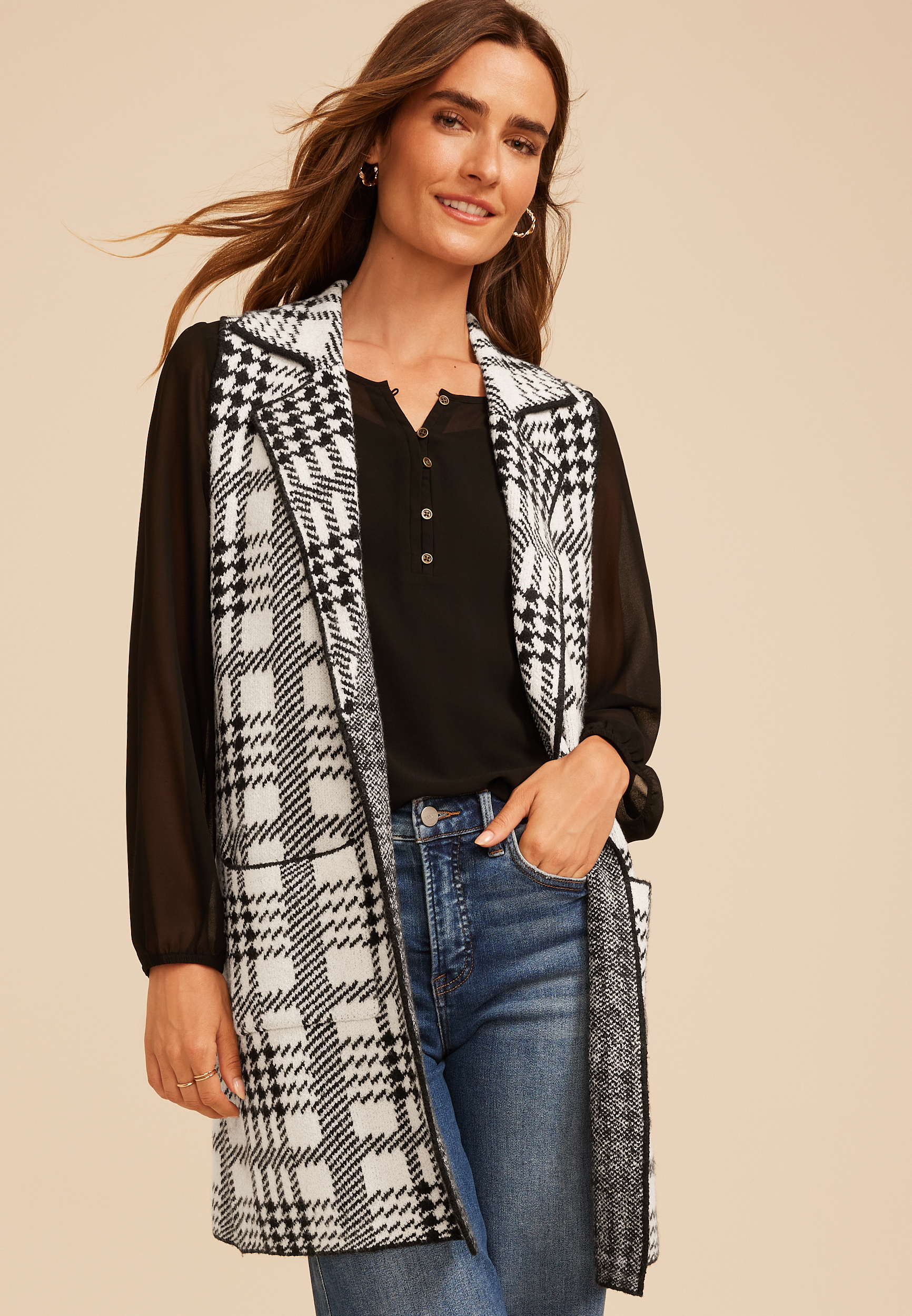 Houndstooth Open Front Duster Vest