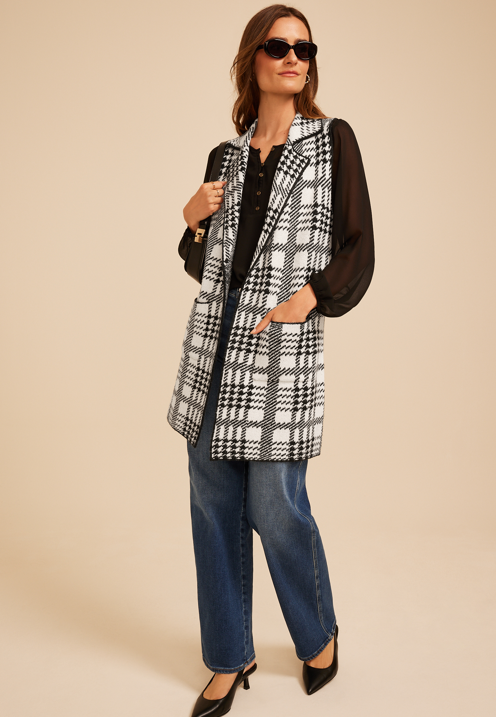 Houndstooth Open Front Duster Vest, C5487, large