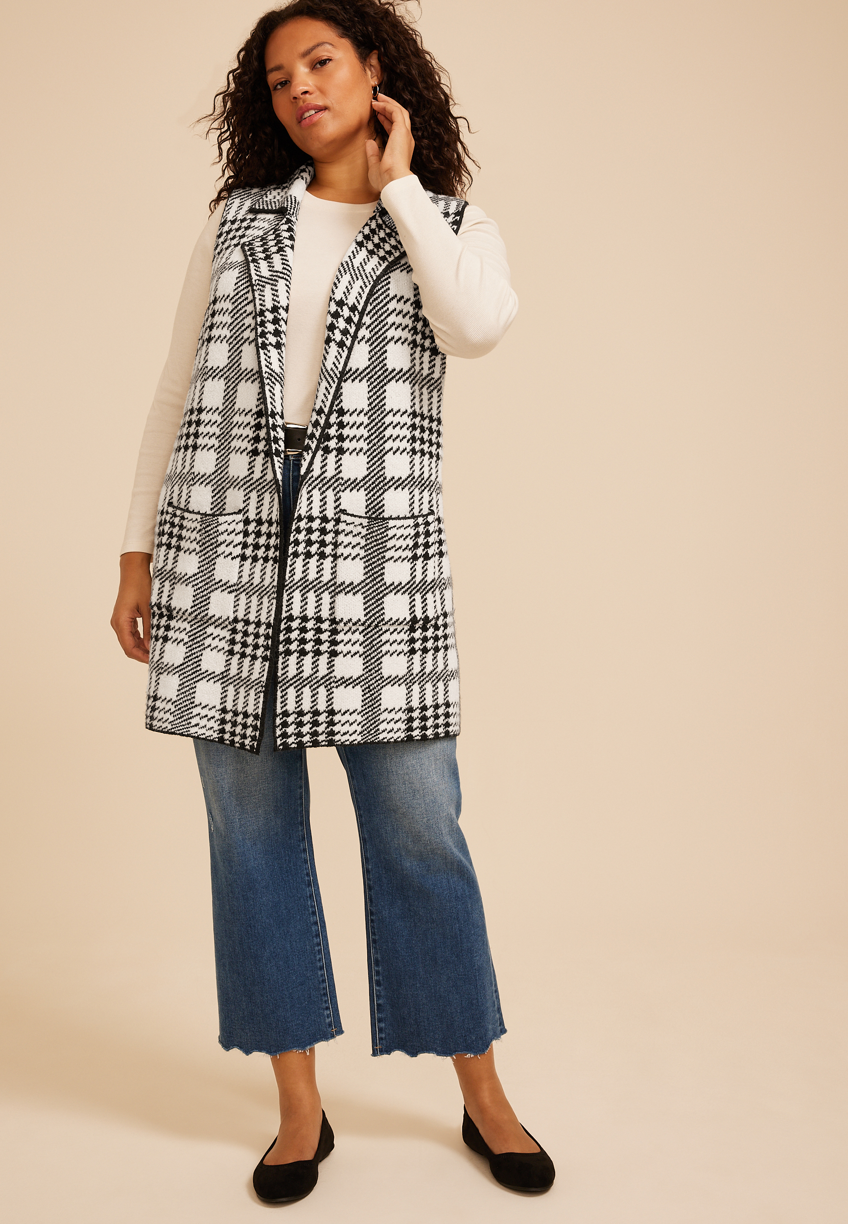 Plus Size Houndstooth Open Front Duster Vest