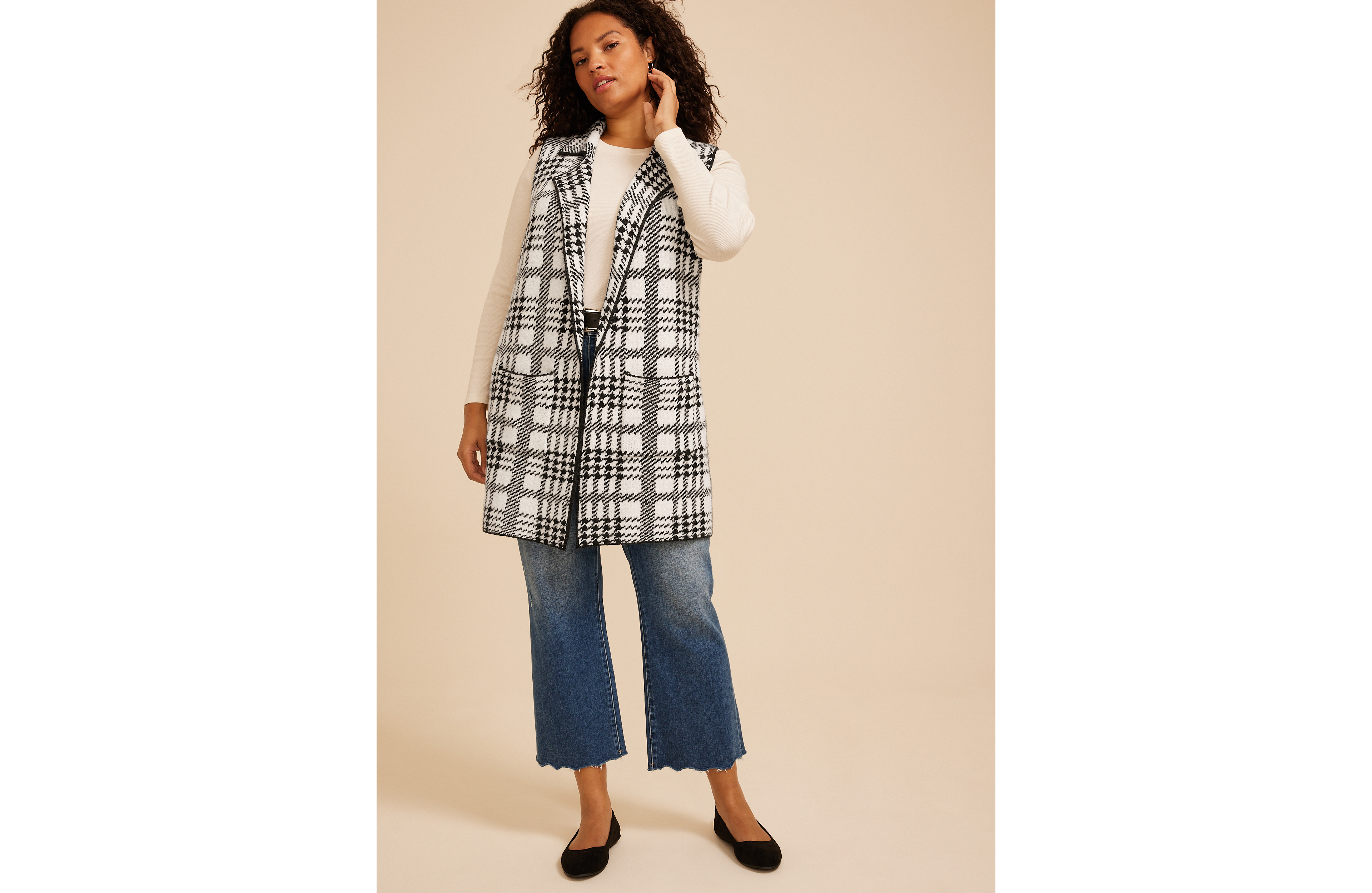 Plus Houndstooth Open Front Duster Vest