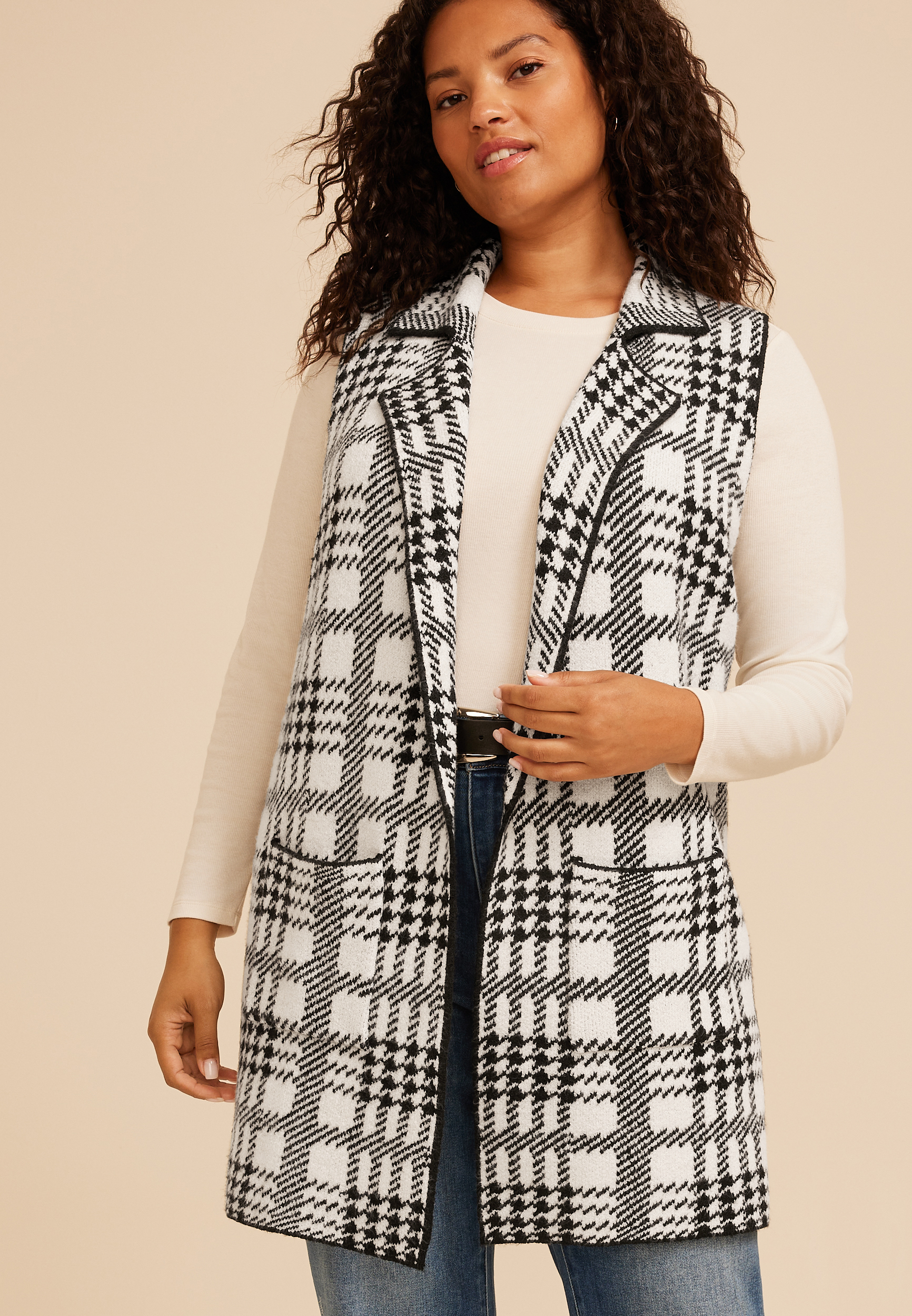 Plus Size Houndstooth Open Front Duster Vest, C5487, large