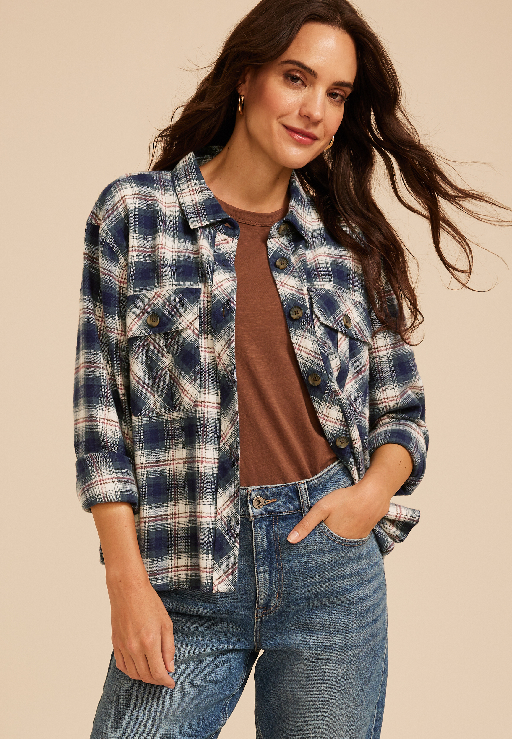 Plaid Utility Button Down Shirt, C1769, large