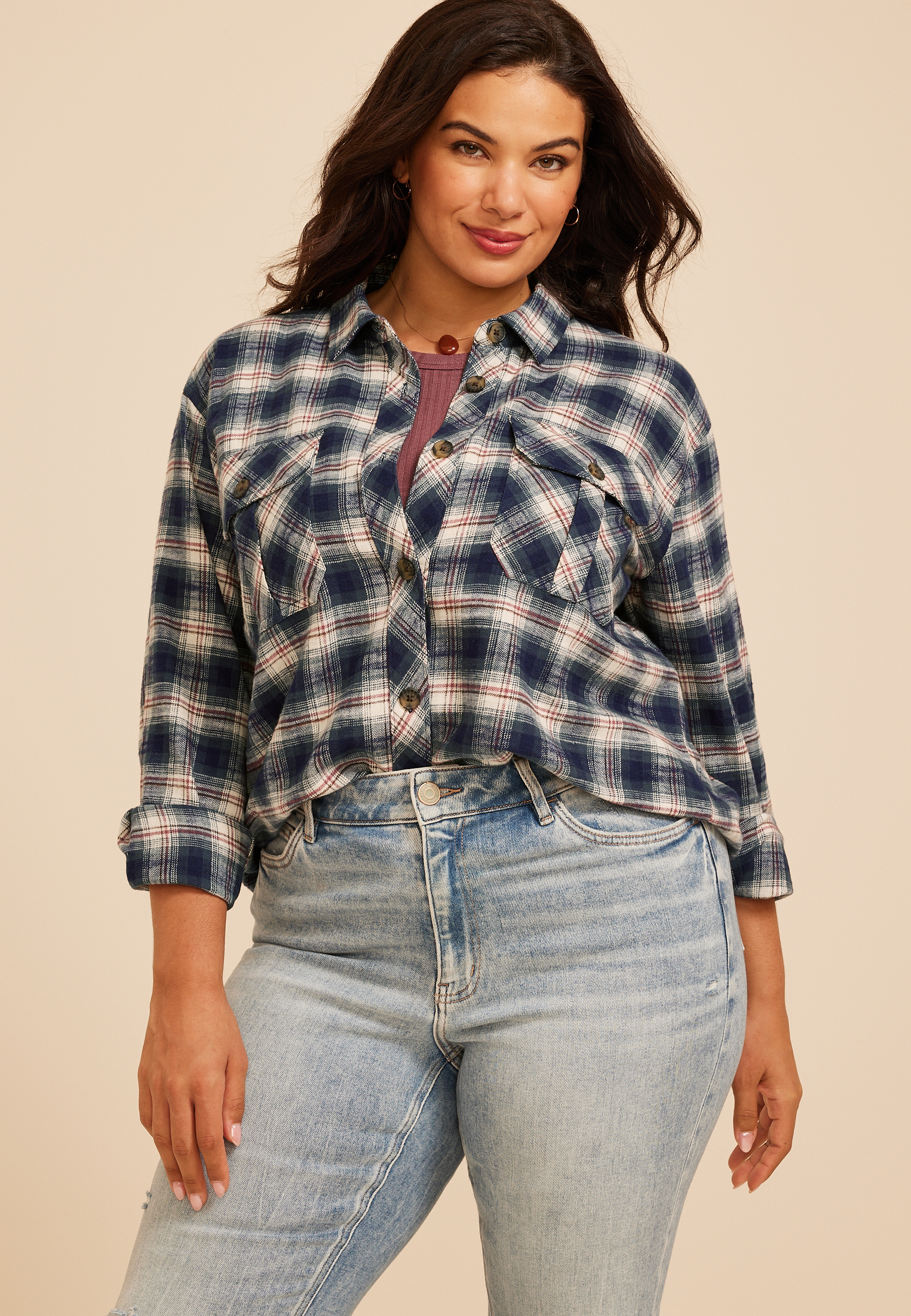 Plus Size Plaid Utility Button Down Shirt