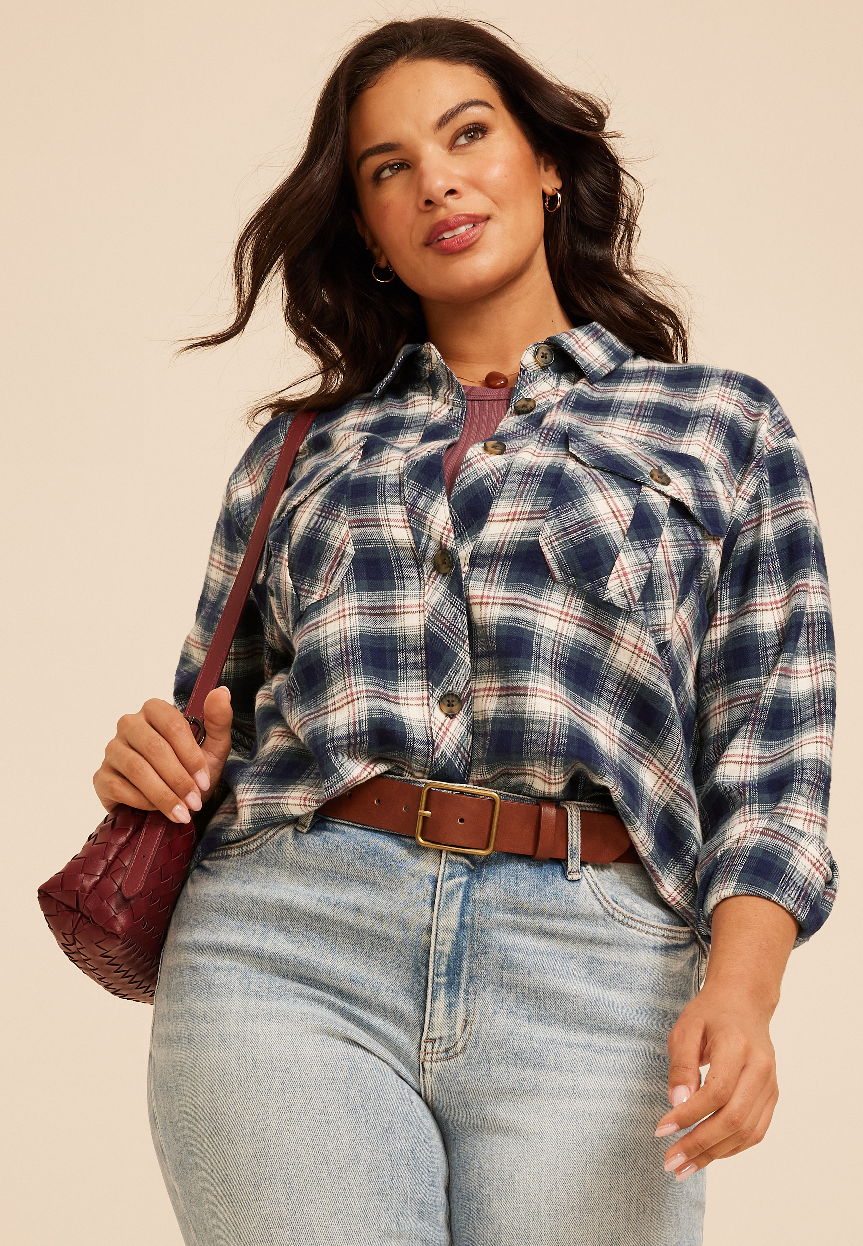 Plus Size Plaid Utility Button Down Shirt, C1769, large